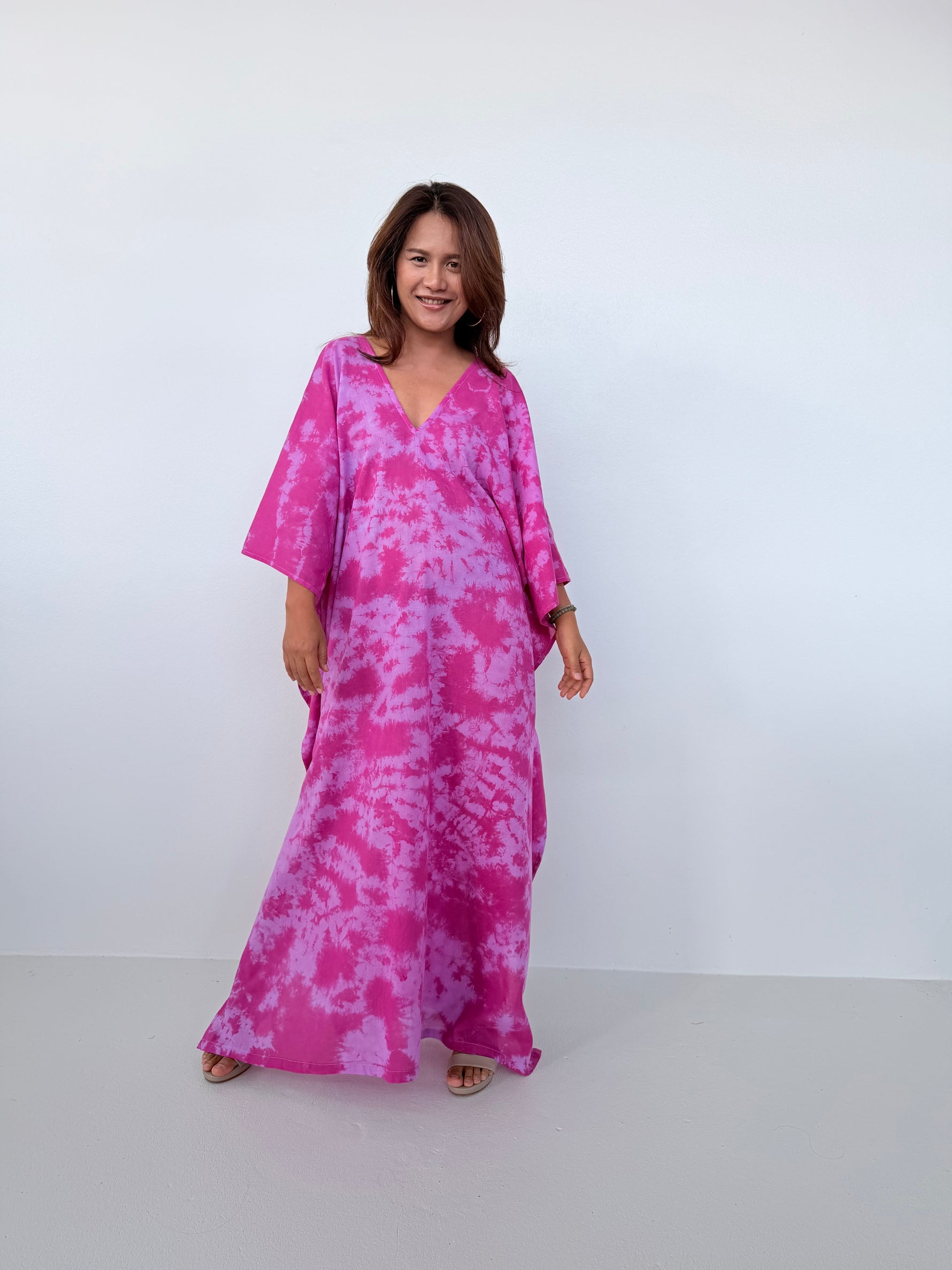 Mala Handworks Olena Cotton Kaftan in Fuchsia Tie Dye