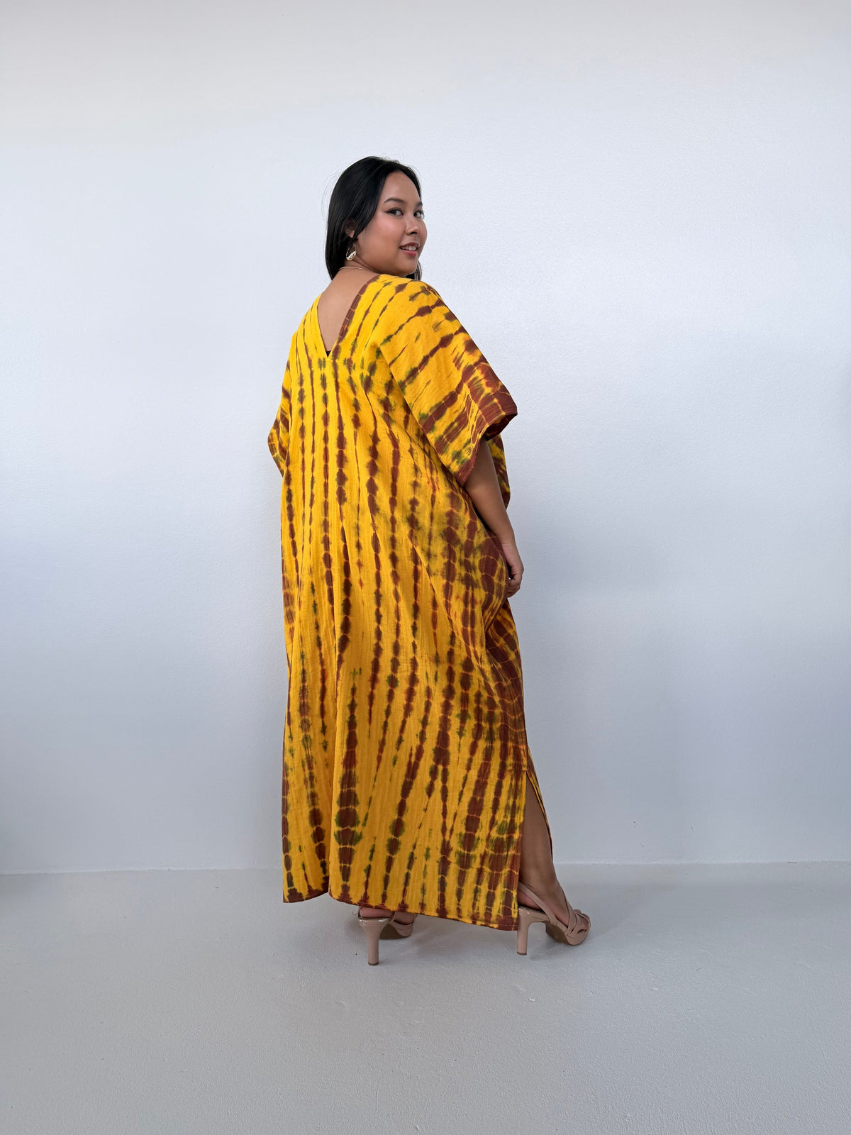 Mala Handworks Grace Cotton Kaftan in Gold & Brown Tie Dye