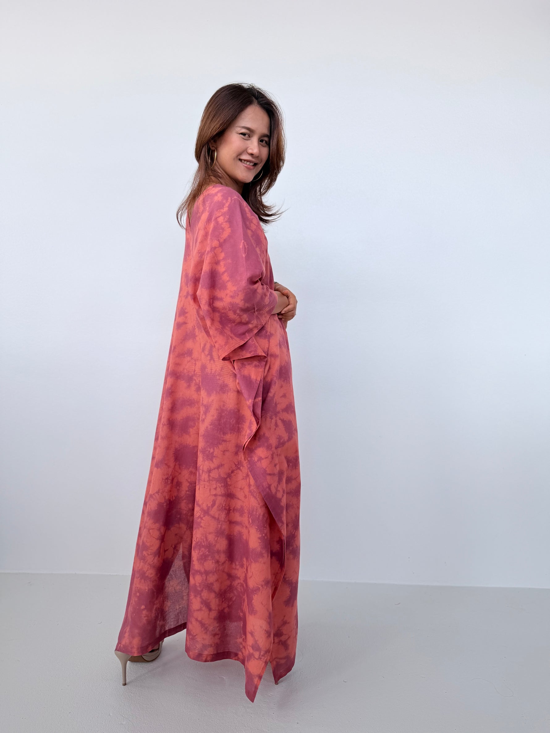 Mala Handworks Olena Cotton Kaftan in Salmon & Purple Tie Dye