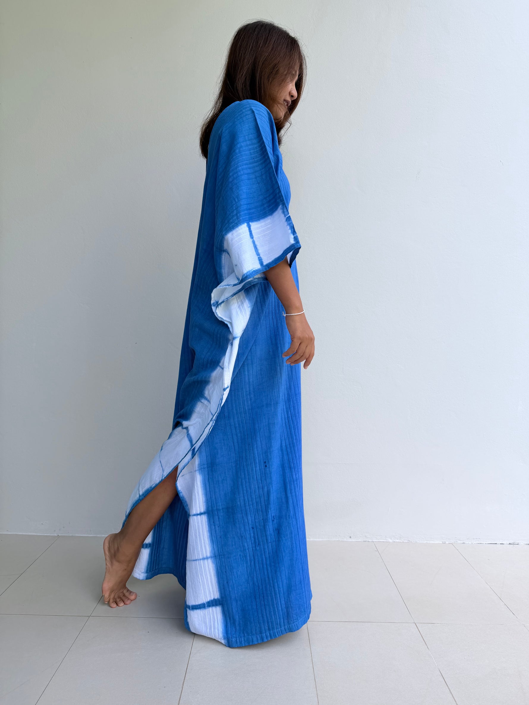 Mala Handworks Indigo Cotton Kaftan in White Frame