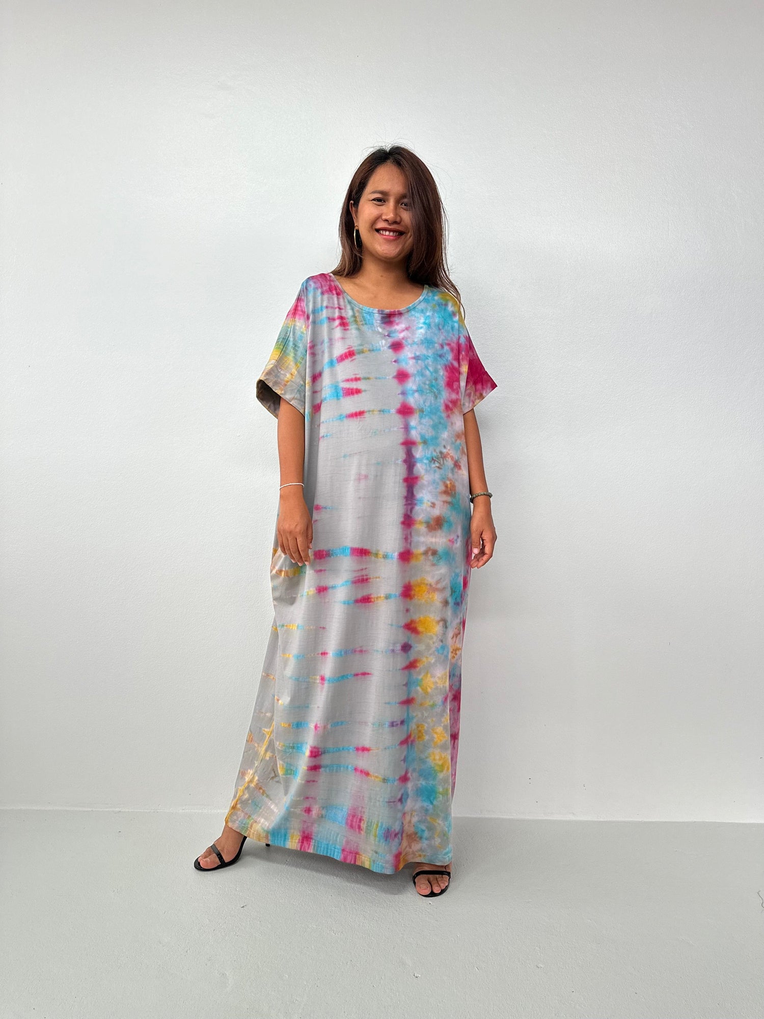 Alice Jersey Cotton Kaftan in Gray Rainbow Tie Dye
