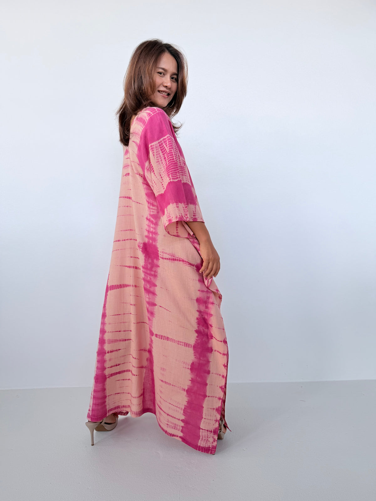 Mala Handworks Olena Cotton Kaftan in Watermelon & Peach Tie Dye