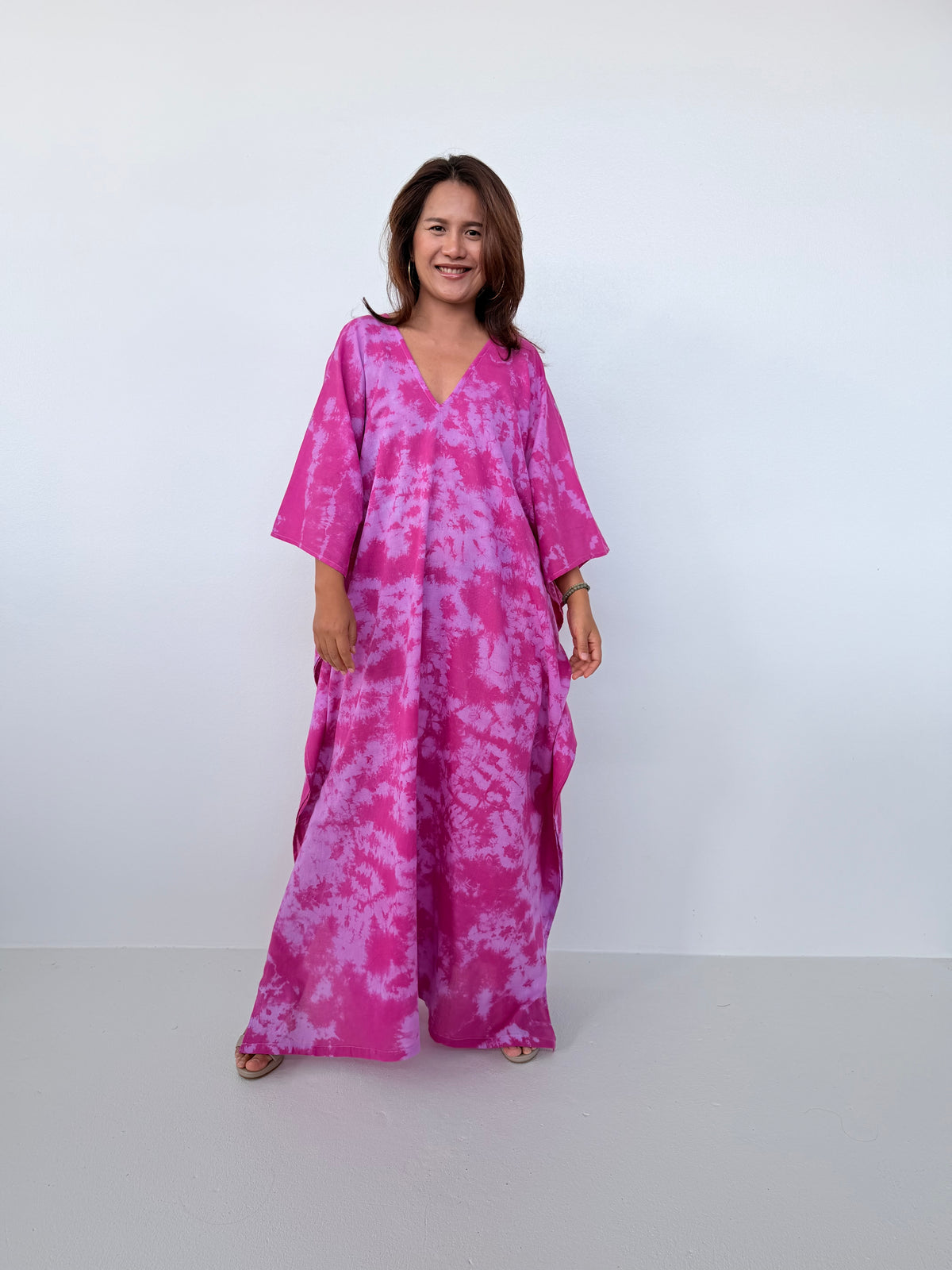 Mala Handworks Olena Cotton Kaftan in Fuchsia Tie Dye