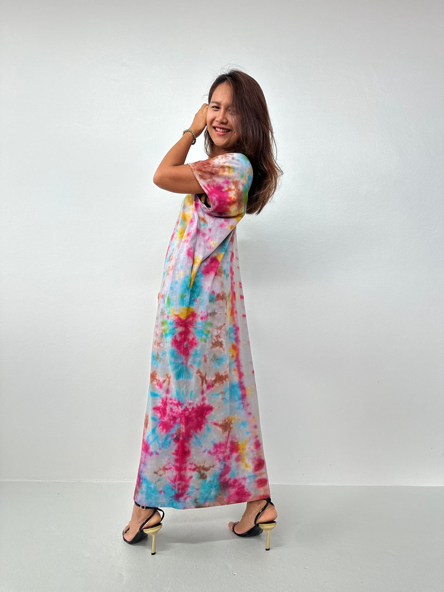 Alisa Petite Cotton Kaftan in Gray Rainbow Tie Dye