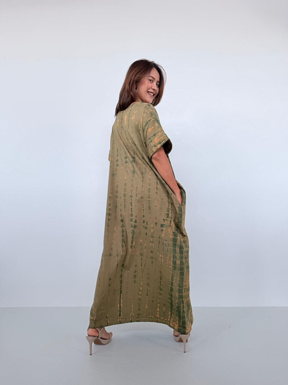 Mala Handworks Alice Jersey Cotton Kaftan in Olive Tie Dye