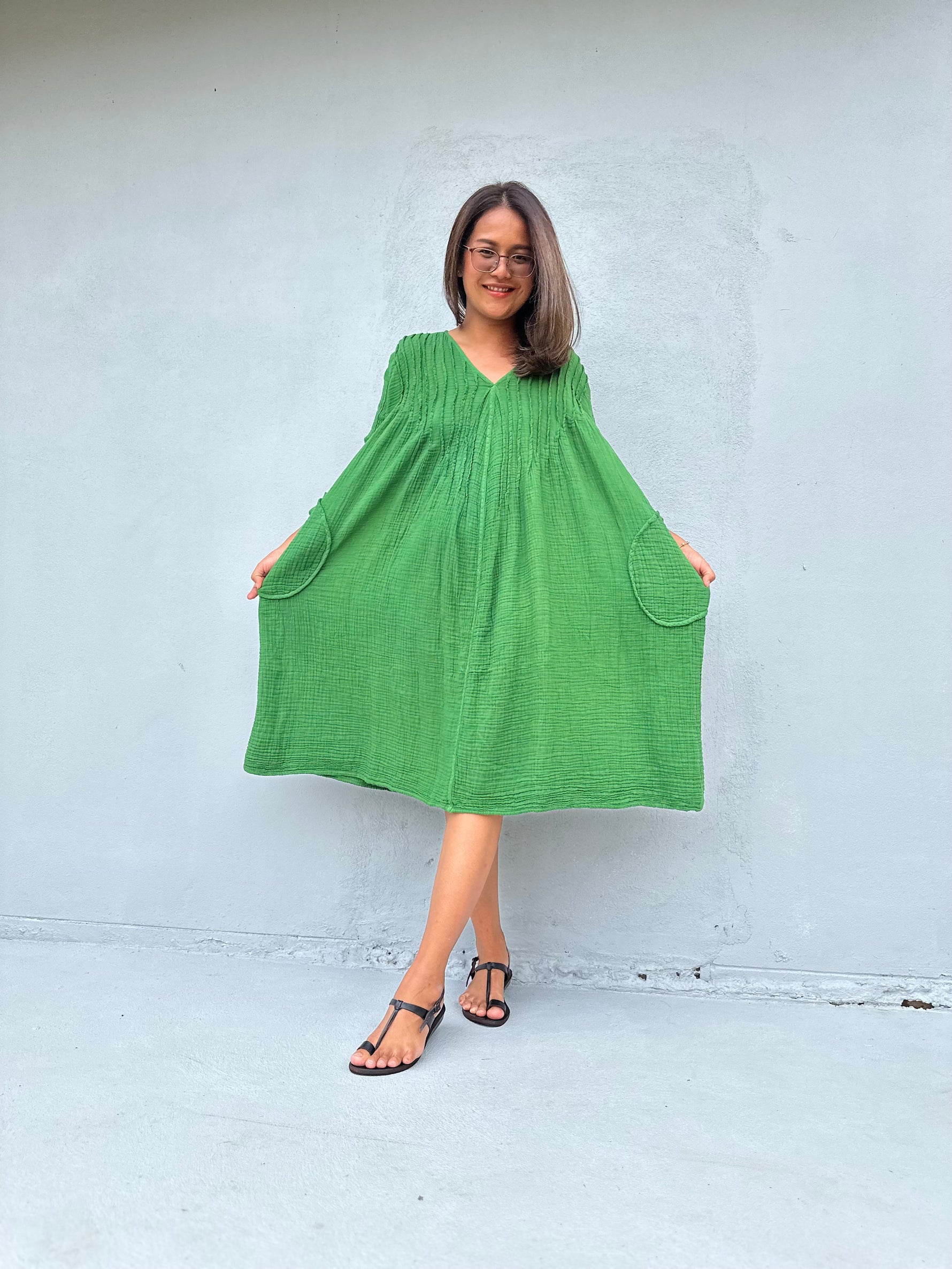 Mala Handworks Bree Double Gauze Cotton Dress in Jade