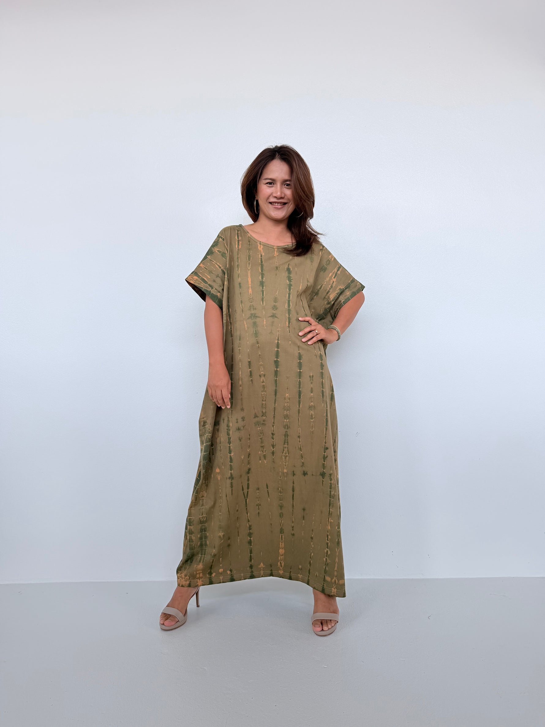 Mala Handworks Alice Jersey Cotton Kaftan in Olive Tie Dye