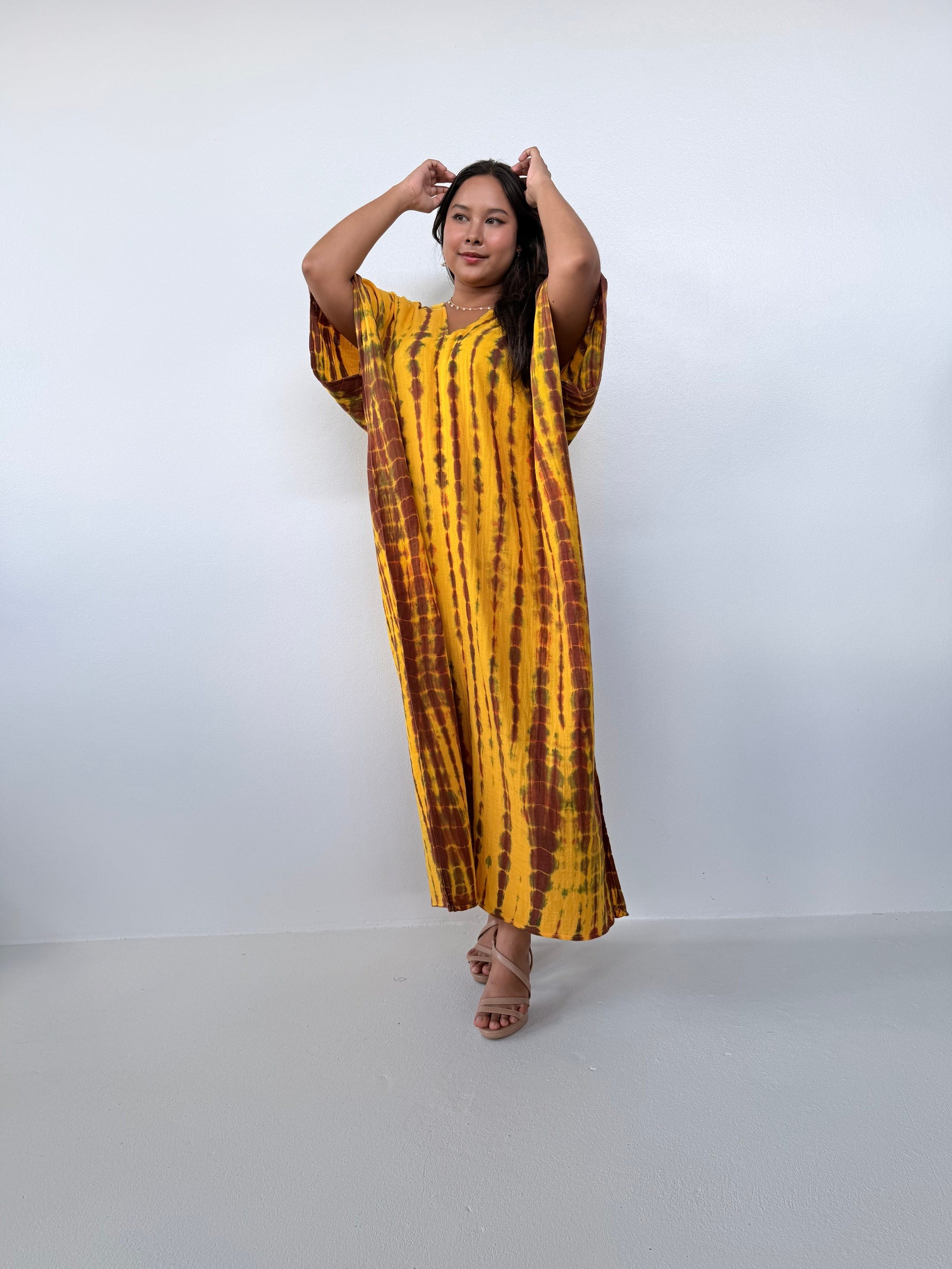 Mala Handworks Grace Cotton Kaftan in Gold & Brown Tie Dye