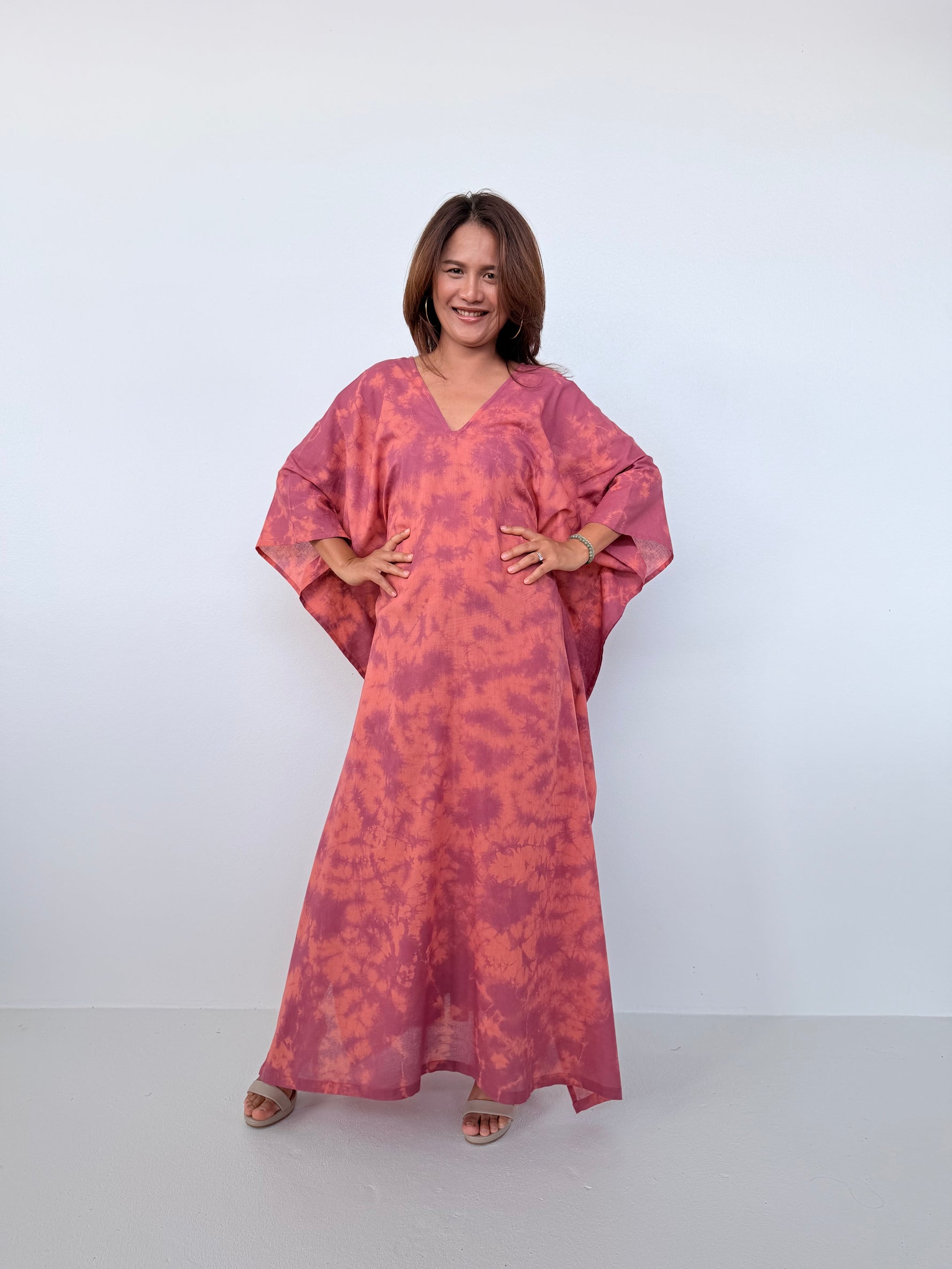 Mala Handworks Olena Cotton Kaftan in Salmon & Purple Tie Dye