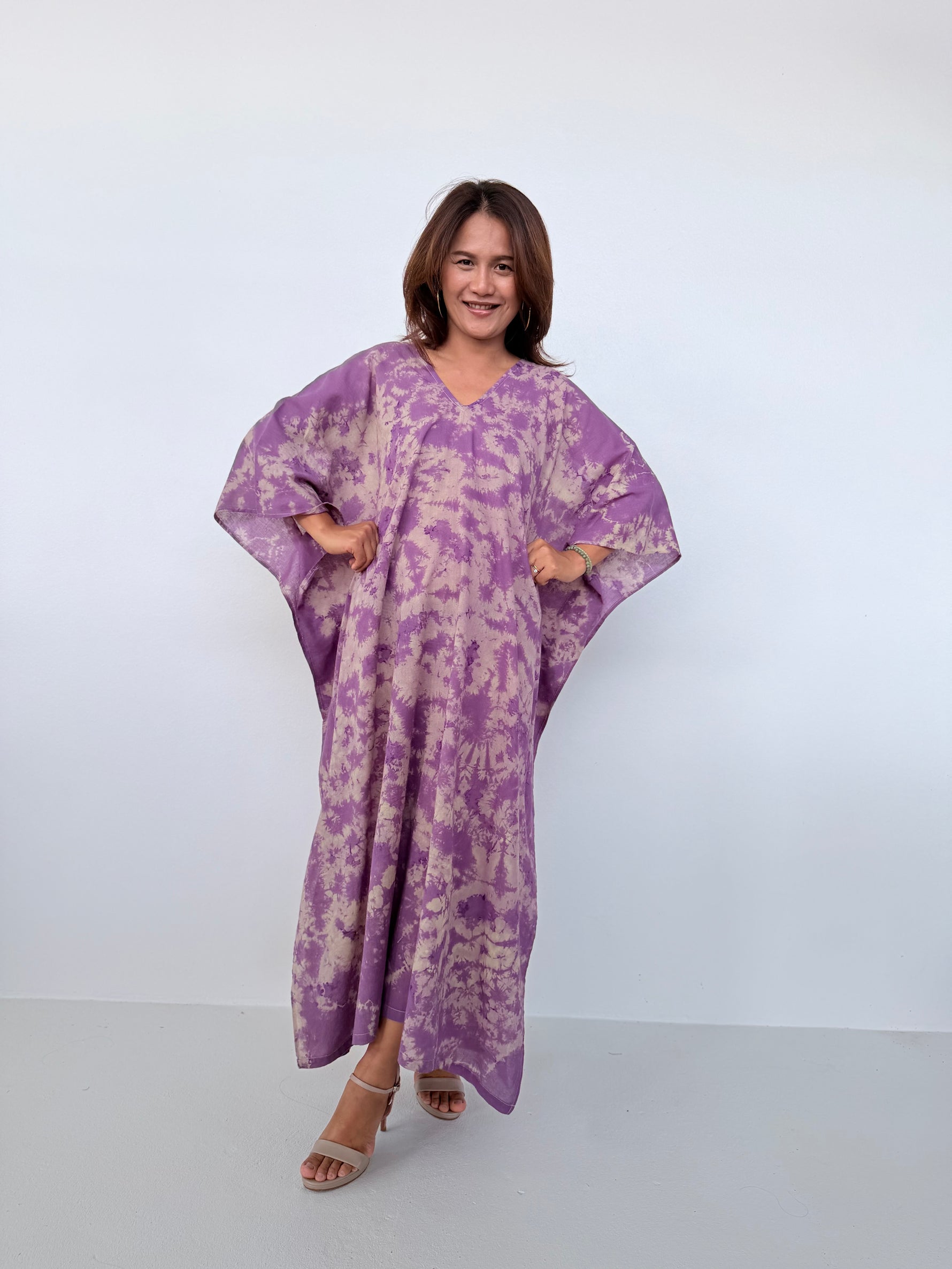 Mala Handworks Olena Cotton Kaftan in Purple & Tan Tie Dye