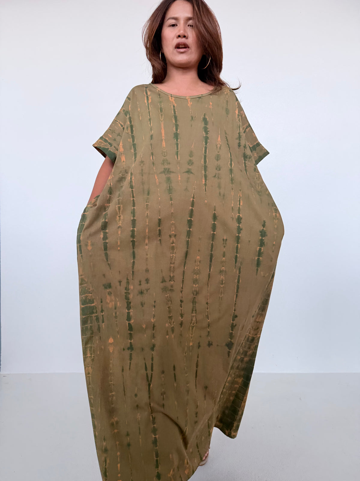 Mala Handworks Alice Jersey Cotton Kaftan in Olive Tie Dye