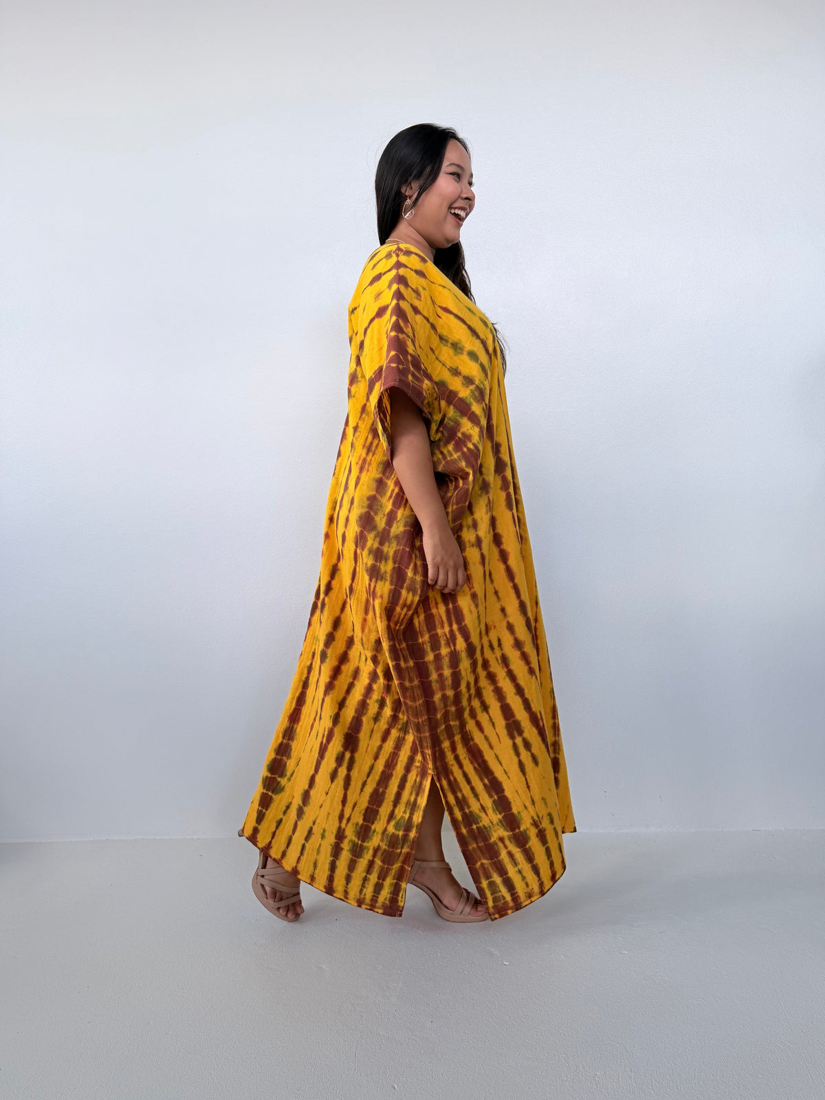 Mala Handworks Grace Cotton Kaftan in Gold & Brown Tie Dye