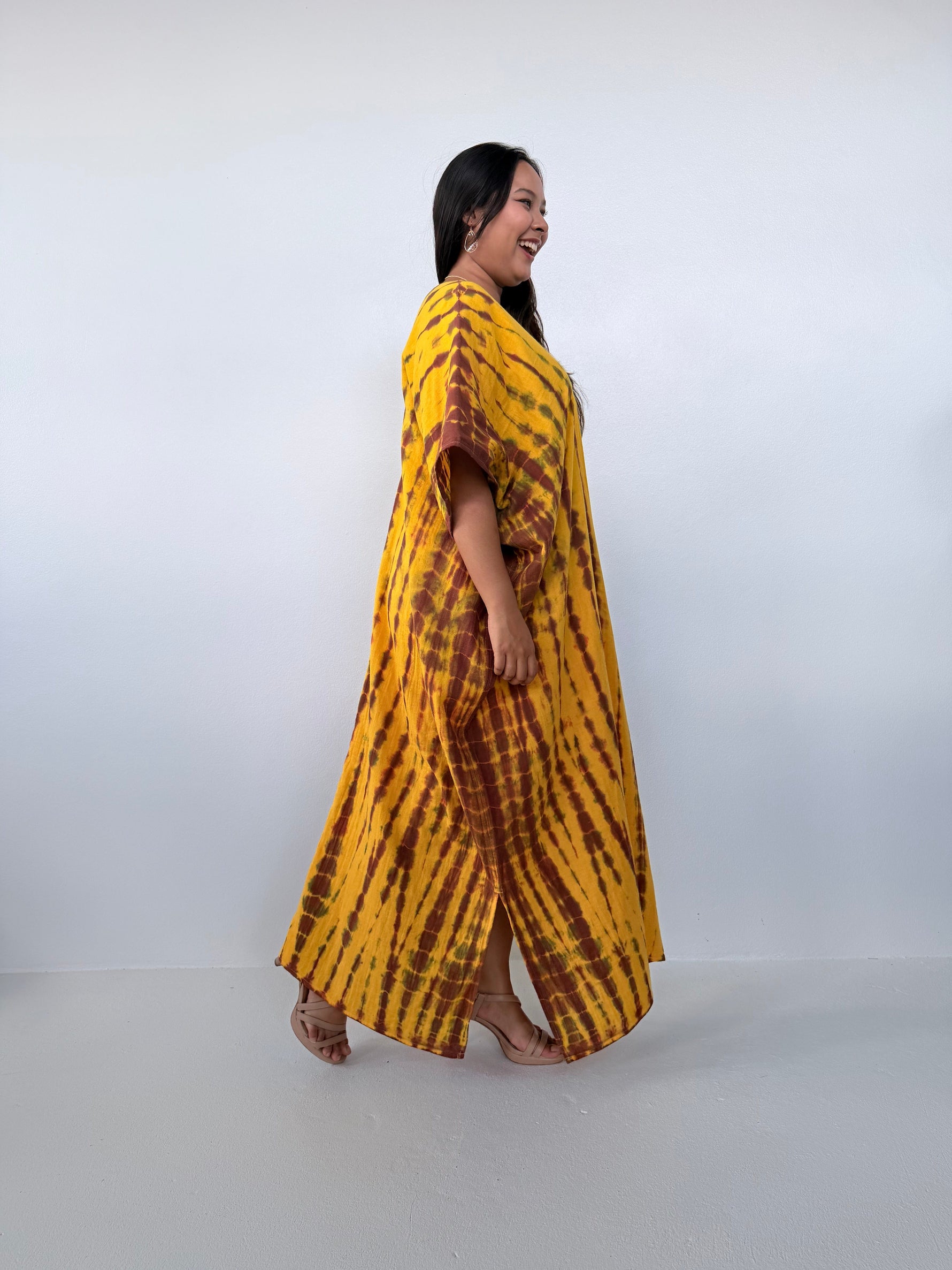Mala Handworks Grace Cotton Kaftan in Gold & Brown Tie Dye