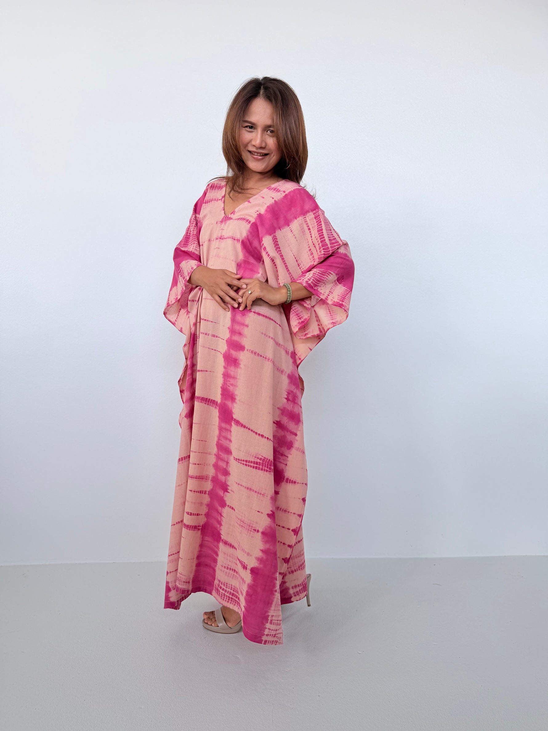 Mala Handworks Olena Cotton Kaftan in Watermelon & Peach Tie Dye