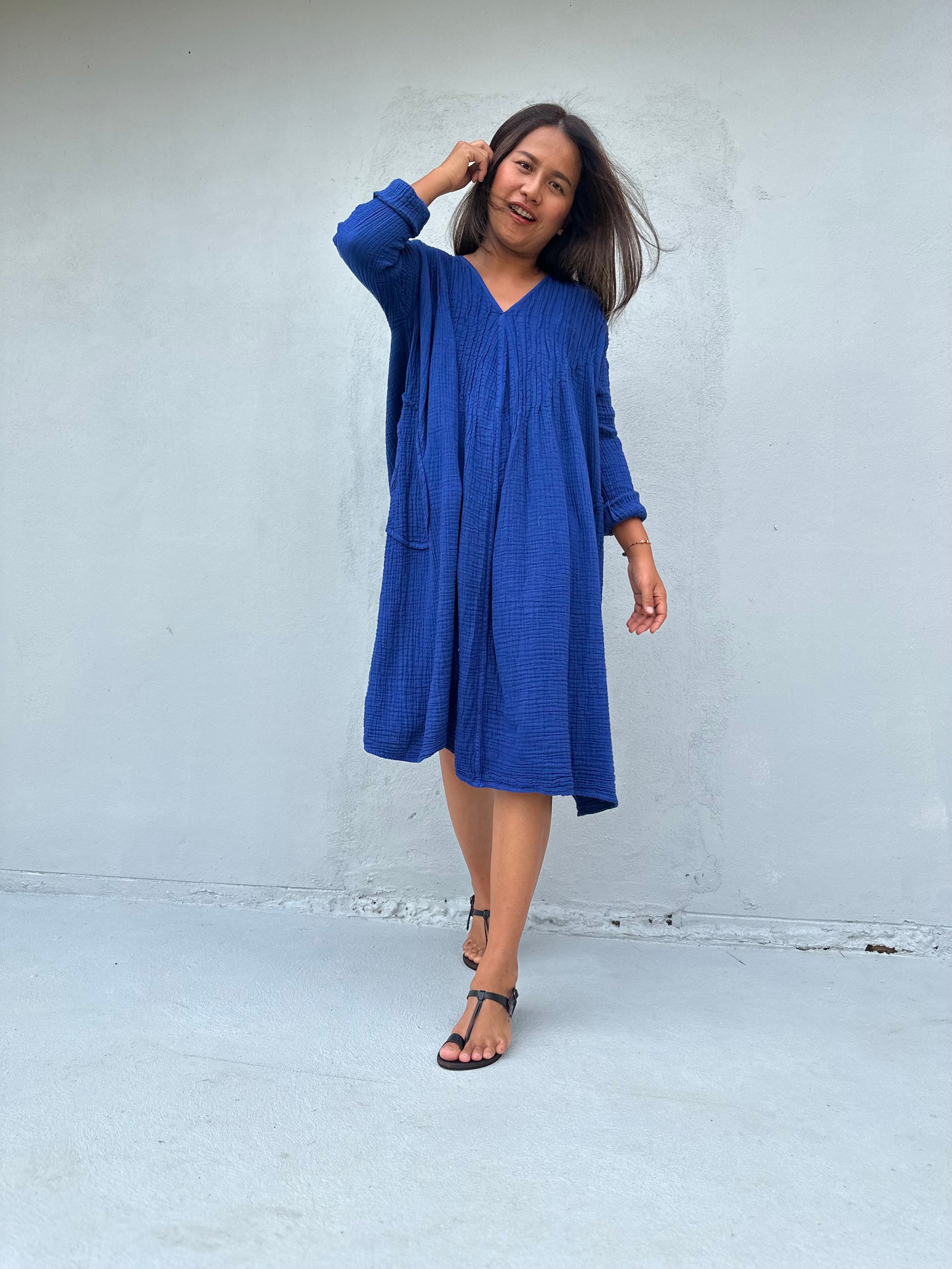 Mala Handworks Bree Double Gauze Cotton Dress in Sapphire