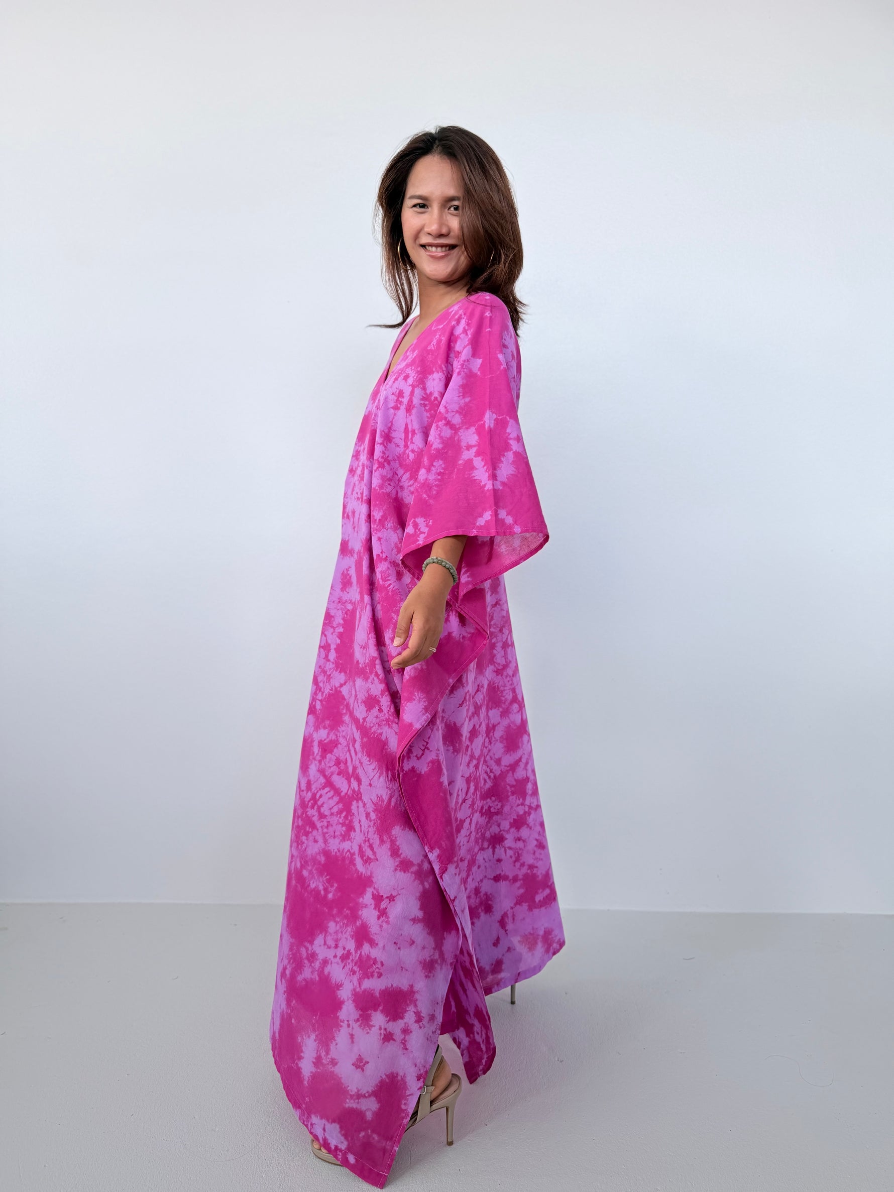 Mala Handworks Olena Cotton Kaftan in Fuchsia Tie Dye