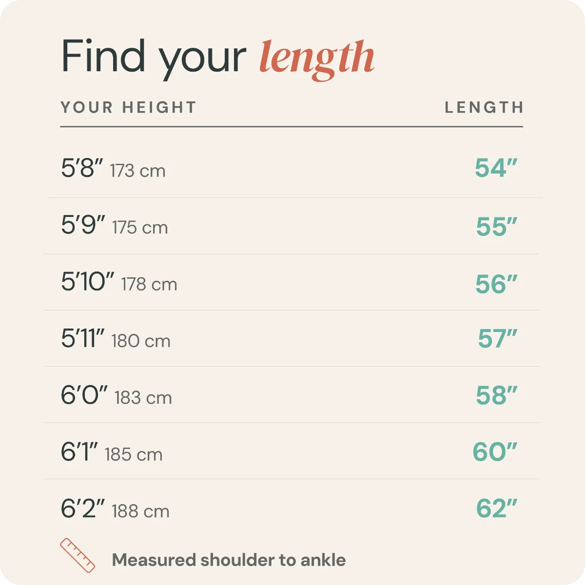 A height-to-shoe-length conversion chart with a light beige background. The chart lists heights from 5'8" to 6'2" with their centimeter measurements and the corresponding shoe length in inches, labeled 'Find your length'.