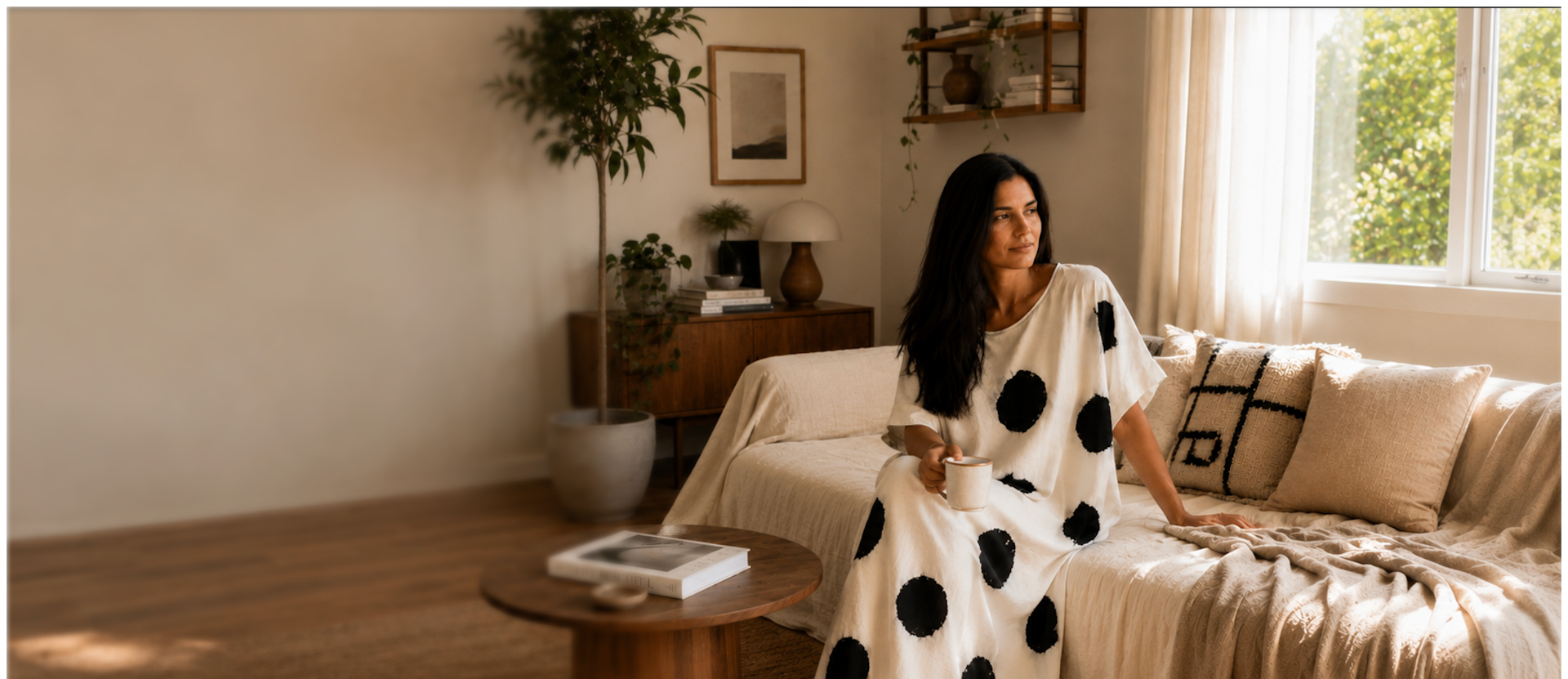 A woman sits on a beige sofa in a sunlit living room, wearing a loose white kaftan dress with large black polka dots. The room has warm wood floors, a side table, plants, and a window with curtains.