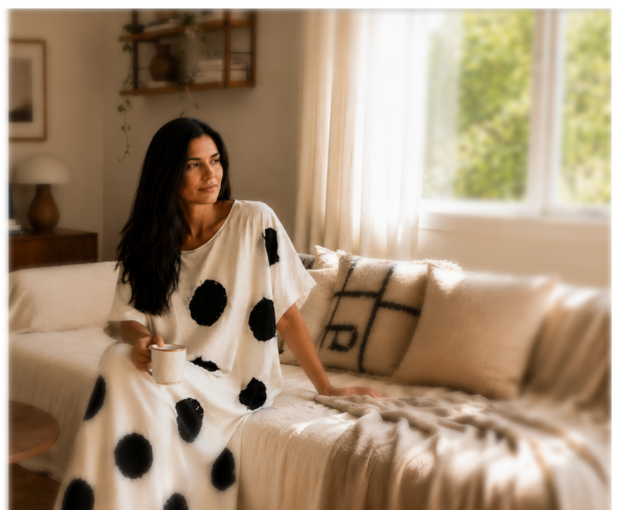 A woman sits on a cream-colored sofa in a warm, sunlit living room, wearing a white short-sleeve tunic top with large black polka dots. She holds a white mug, with a textured throw blanket and pillows on the couch.