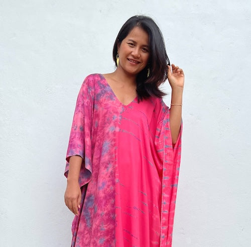 Playful and romantic pink rayon and cotton kaftans