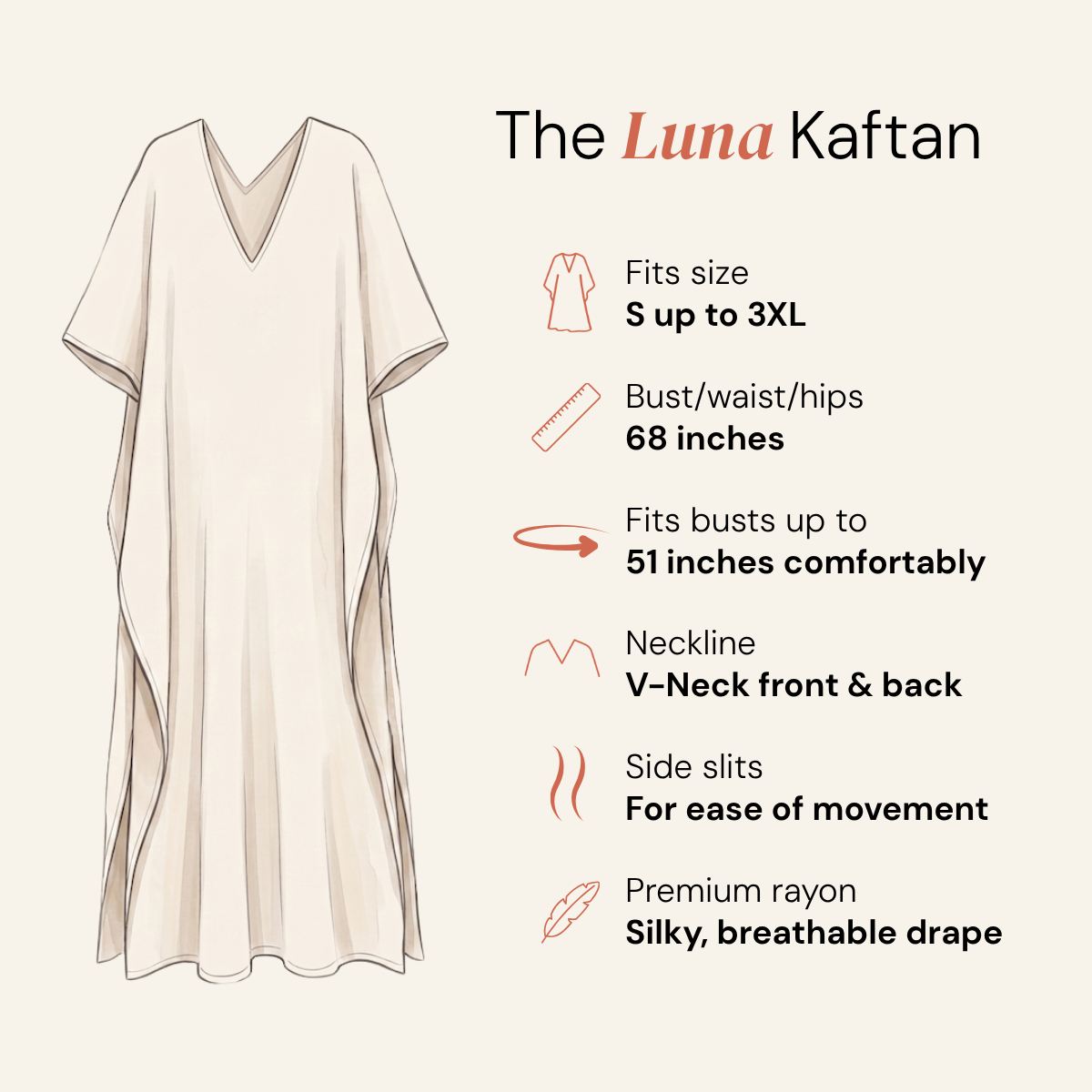 An illustrated product infographic for The Luna Kaftan. On the left is a simple line drawing of a loose, V-neck kaftan dress in a light warm cream tone.