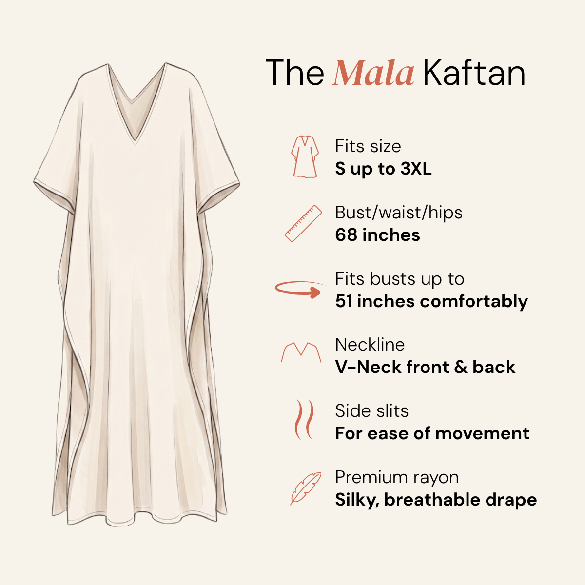 An illustrated product infographic for The Mala Kaftan. On the left is a simple line drawing of a loose, V-neck kaftan dress in a light warm cream tone.