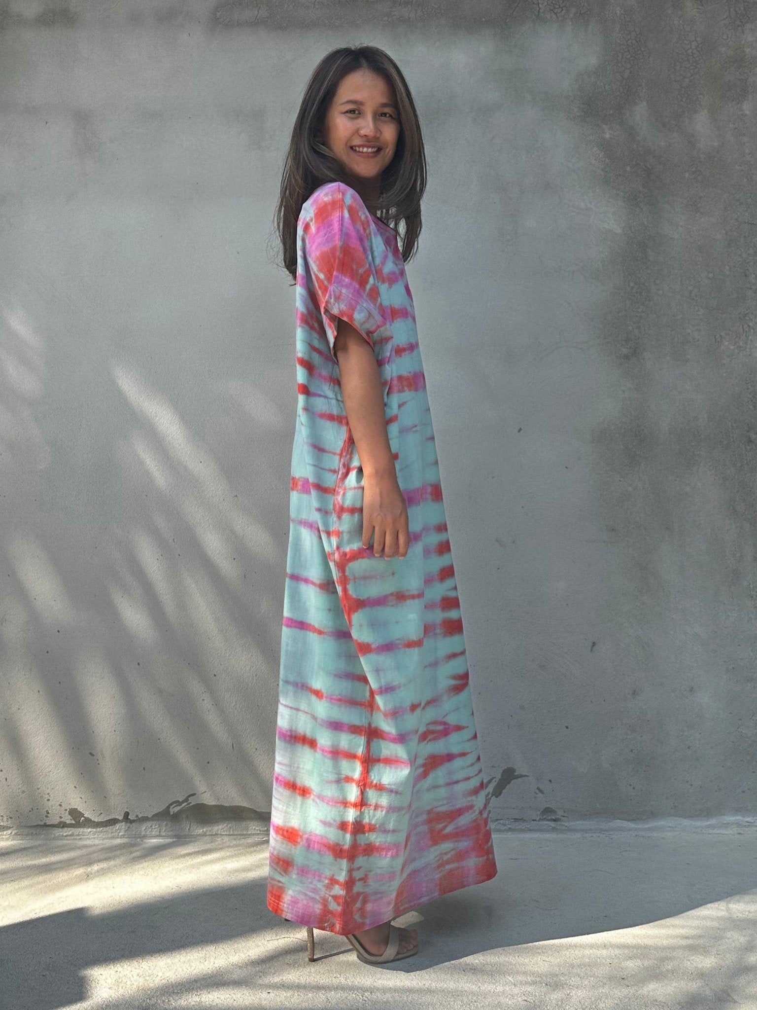 MALA handworks Alice Jersey Cotton Kaftan in Aqua Fuchsia Tidal Tie Dye