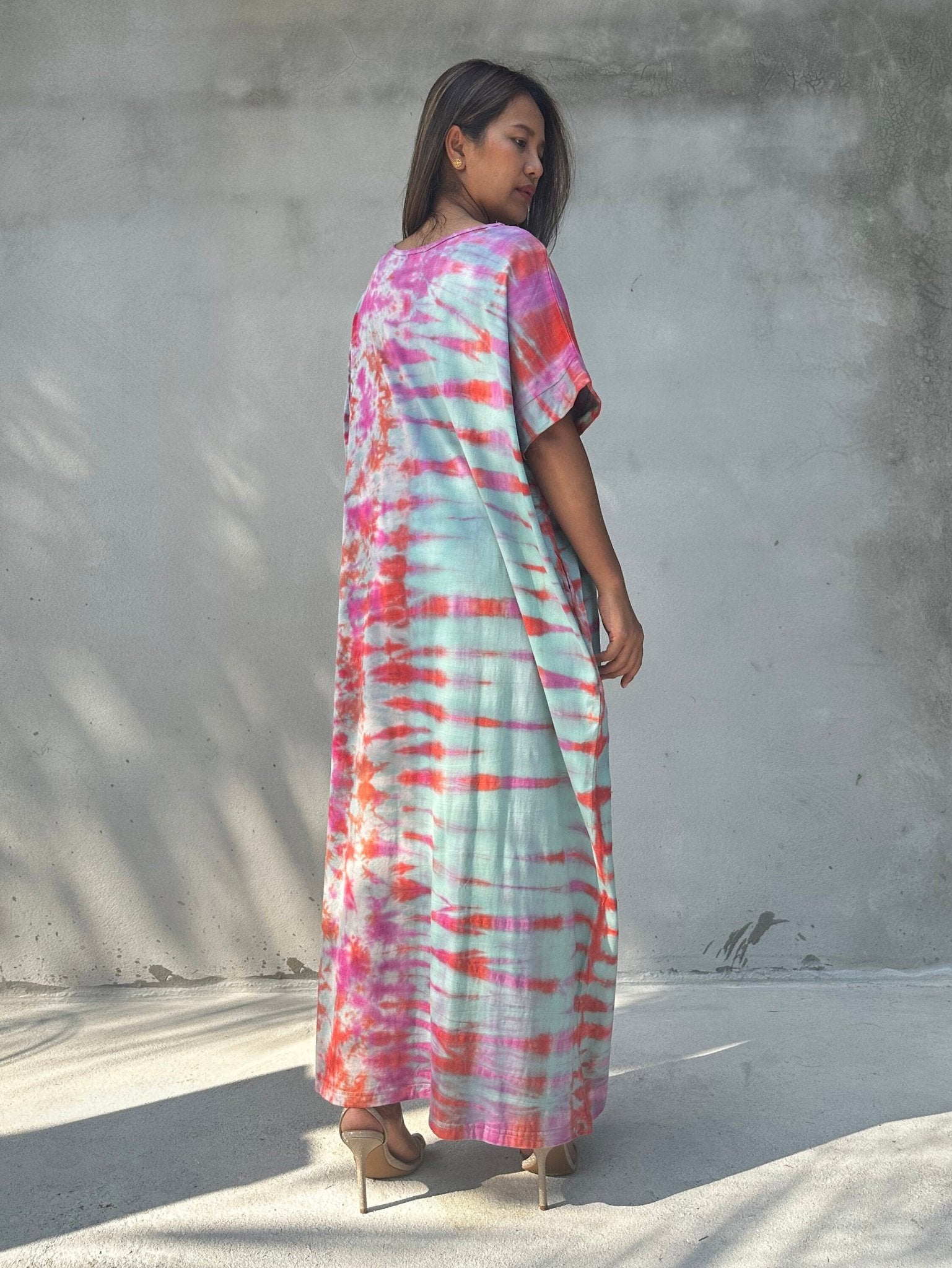 MALA handworks Alice Jersey Cotton Kaftan in Aqua Fuchsia Tidal Tie Dye