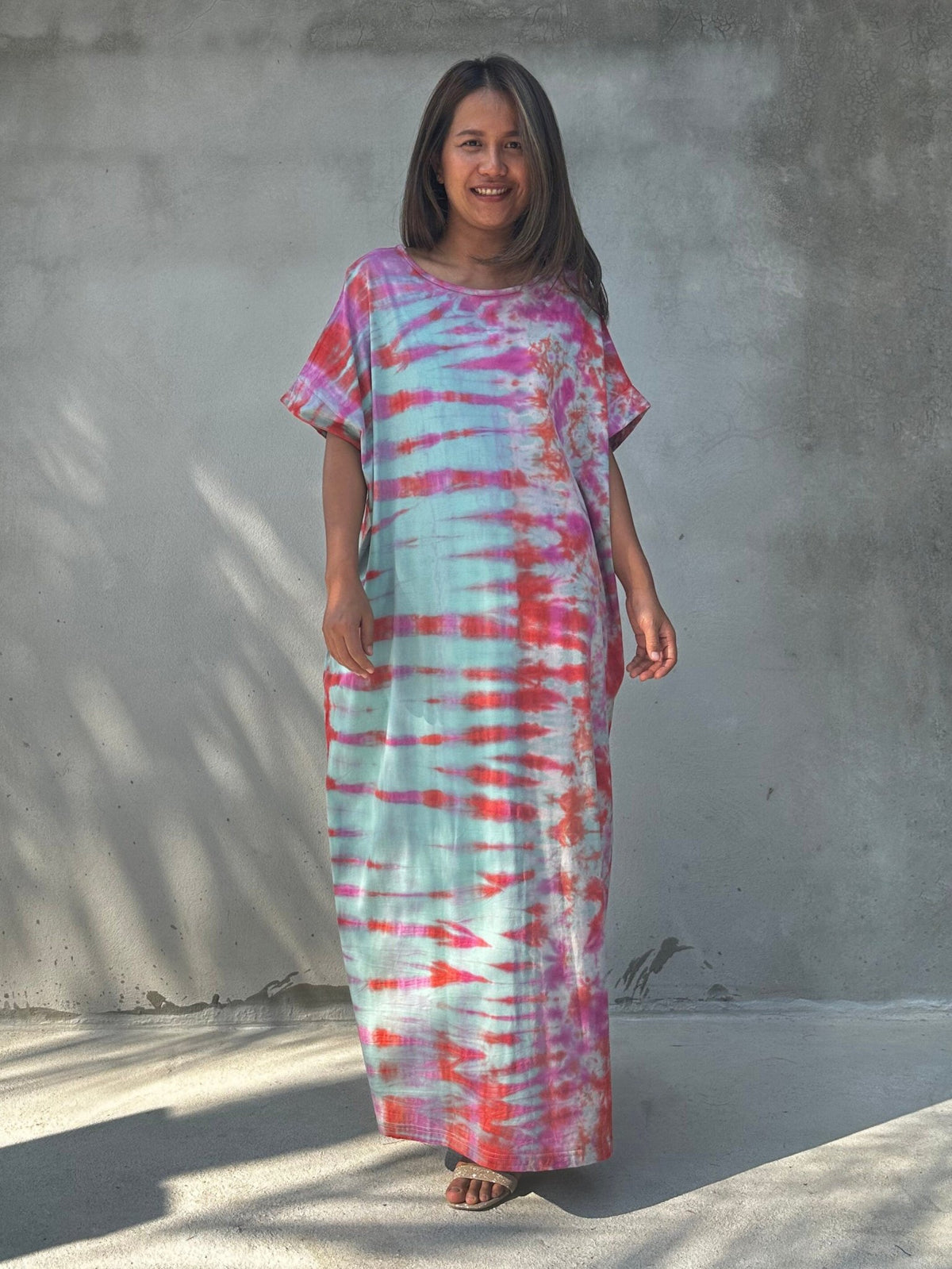 MALA handworks Alice Jersey Cotton Kaftan in Aqua Fuchsia Tidal Tie Dye
