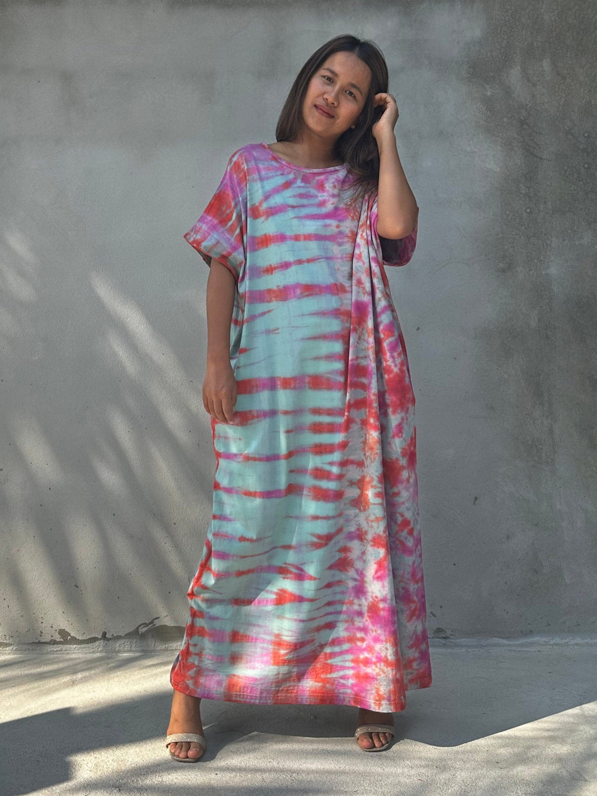 MALA handworks Alice Jersey Cotton Kaftan in Aqua Fuchsia Tidal Tie Dye