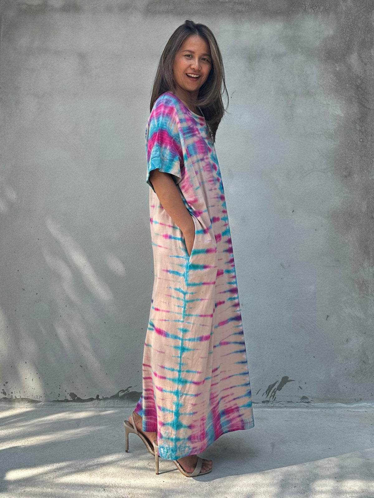 Mala Handworks Alice Jersey Cotton Kaftan in Aqua Rainbow Tie Dye