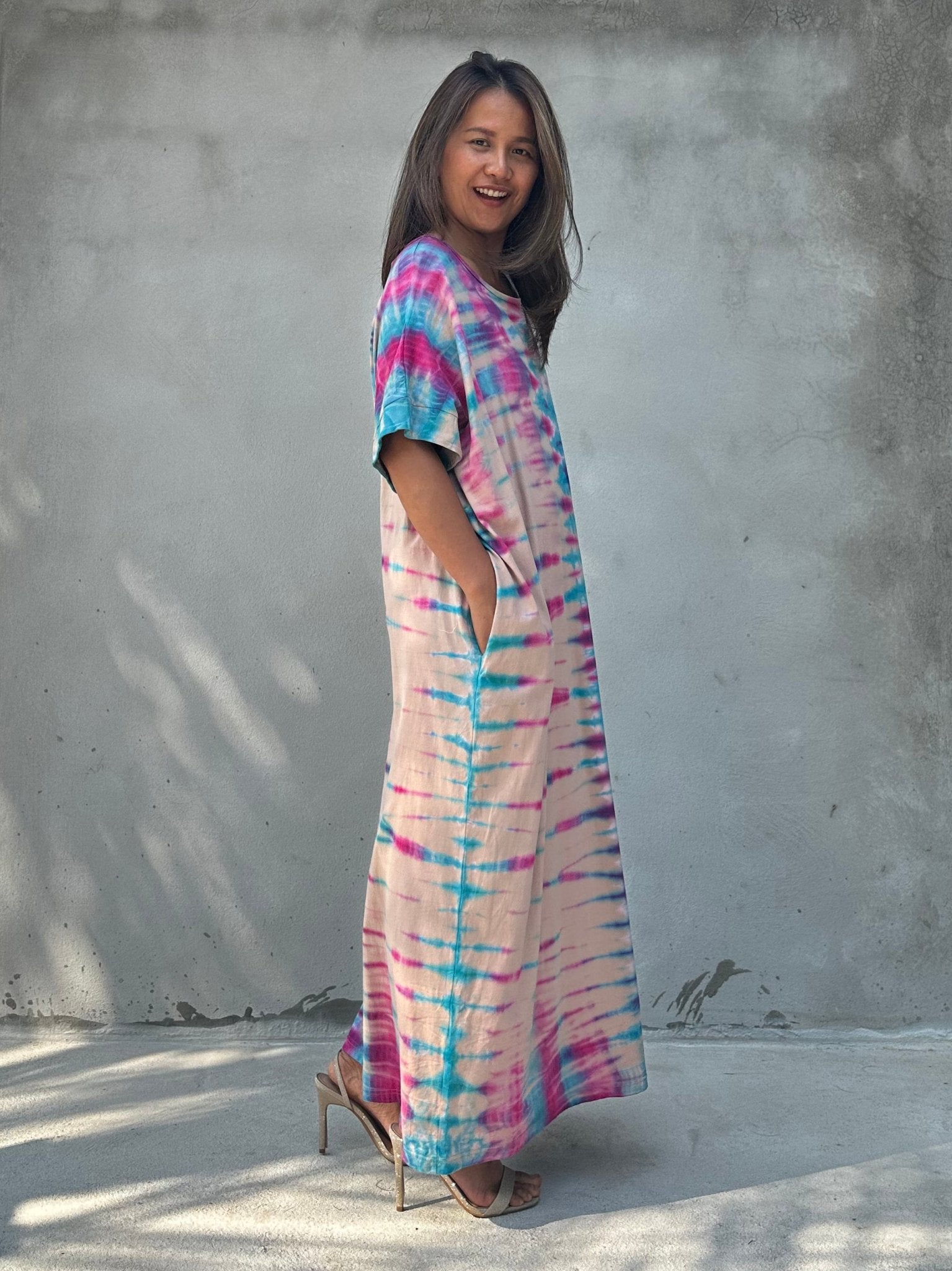 Mala Handworks Alice Jersey Cotton Kaftan in Aqua Rainbow Tie Dye