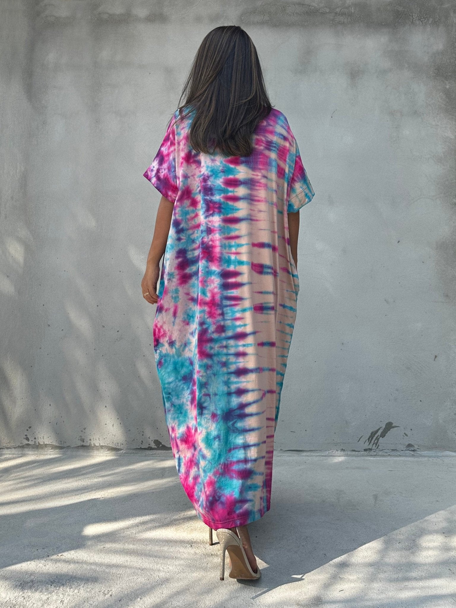 Mala Handworks Alice Jersey Cotton Kaftan in Aqua Rainbow Tie Dye