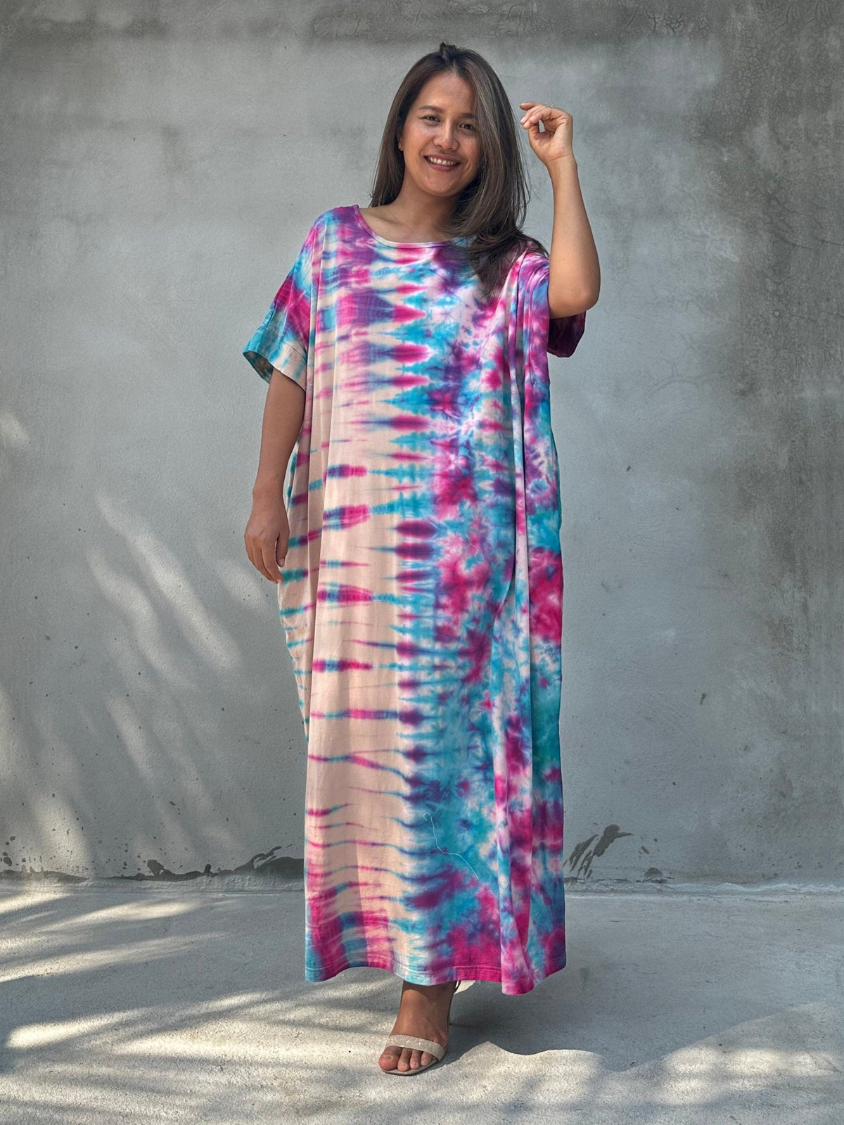 Mala Handworks Alice Jersey Cotton Kaftan in Aqua Rainbow Tie Dye