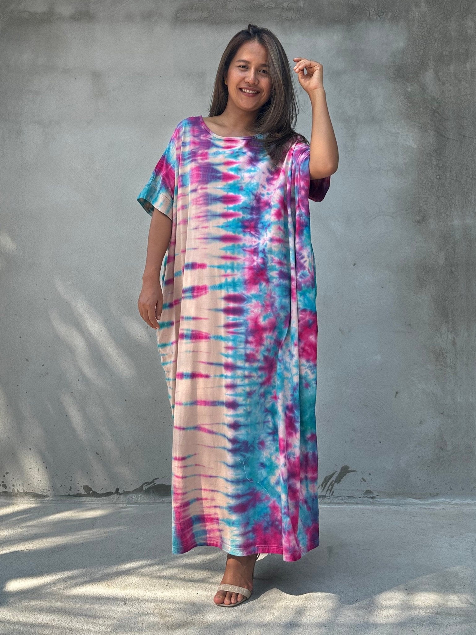 Mala Handworks Alice Jersey Cotton Kaftan in Aqua Rainbow Tie Dye