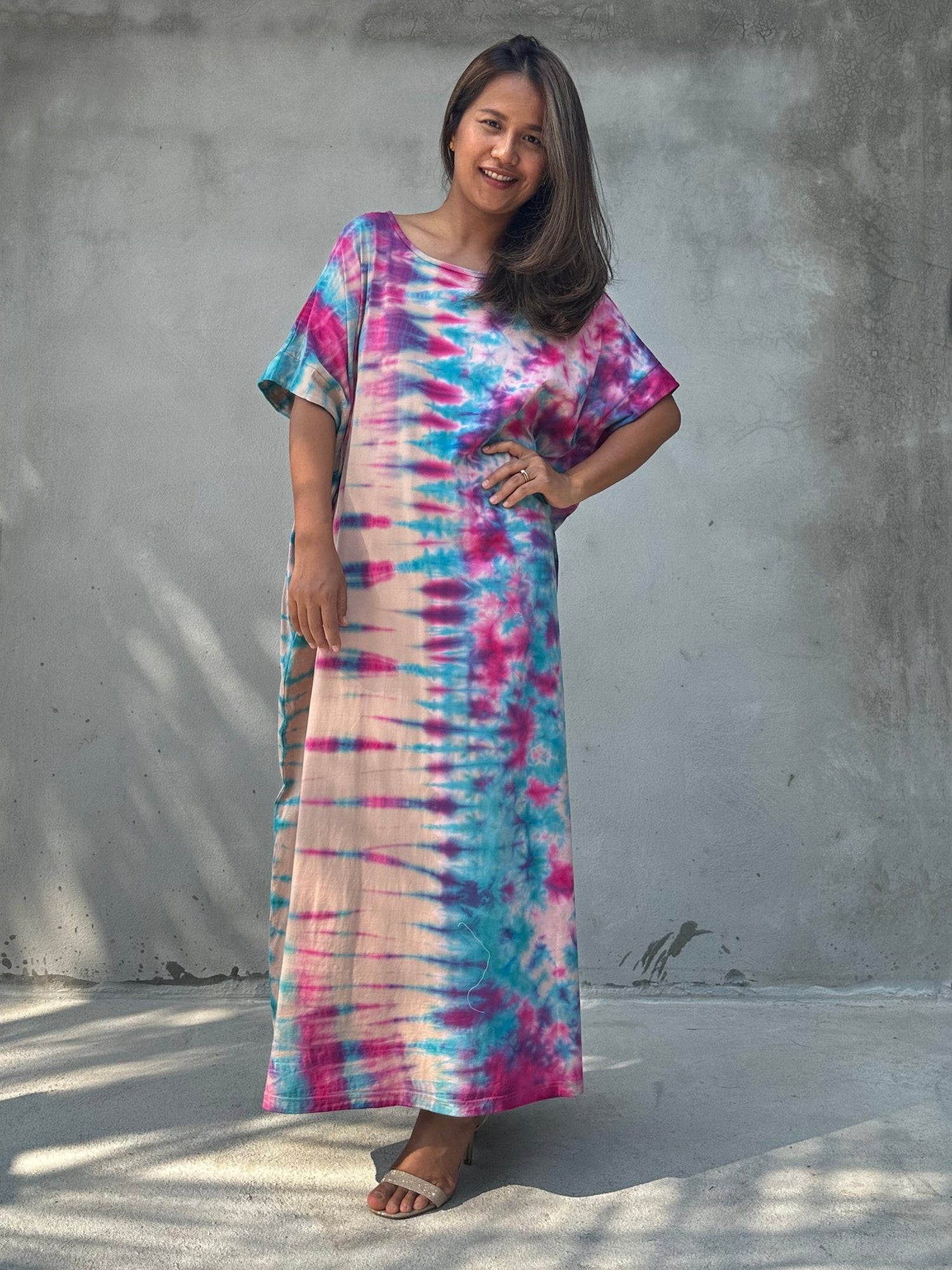 Mala Handworks Alice Jersey Cotton Kaftan in Aqua Rainbow Tie Dye