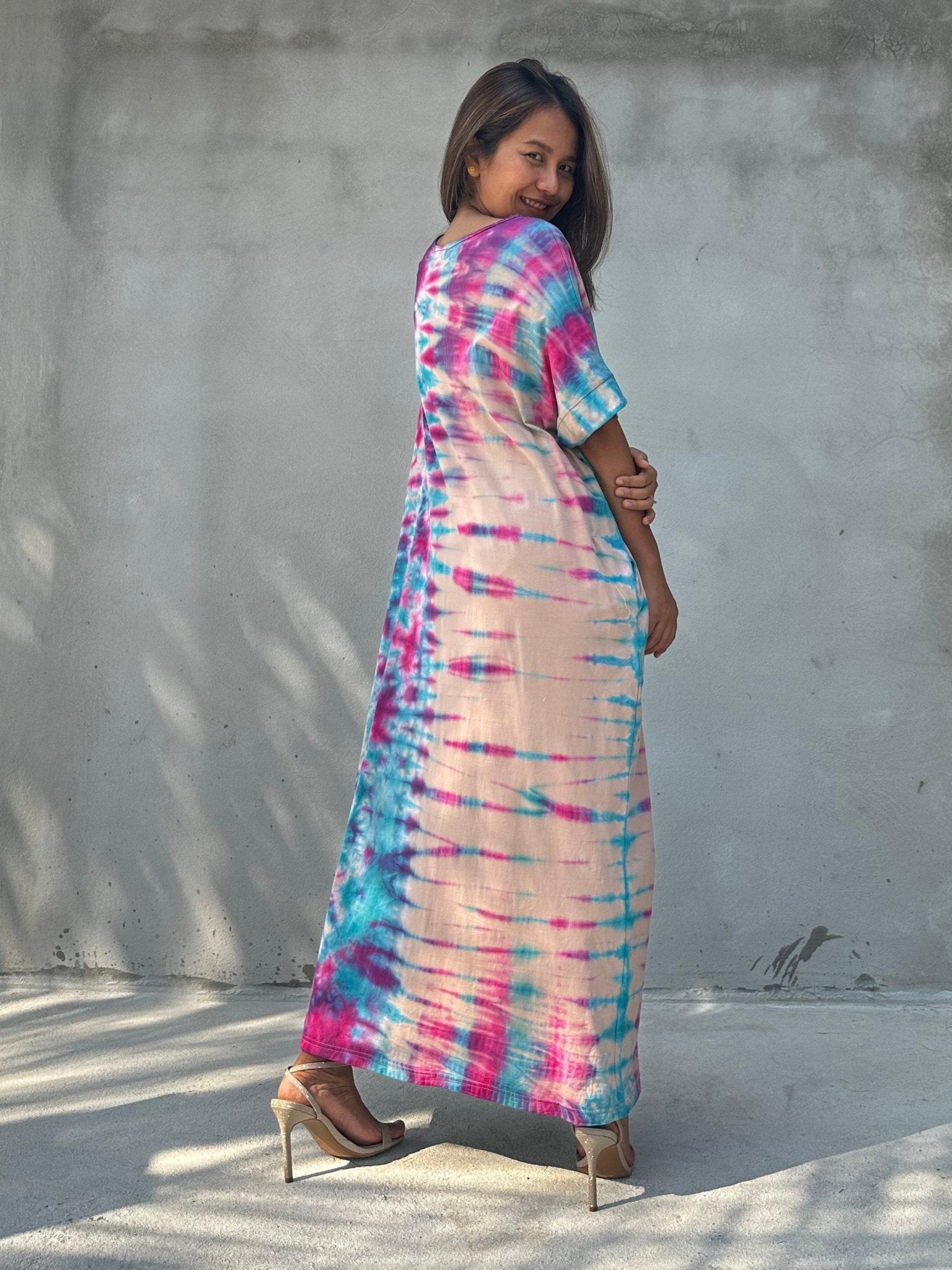 Mala Handworks Alice Jersey Cotton Kaftan in Aqua Rainbow Tie Dye