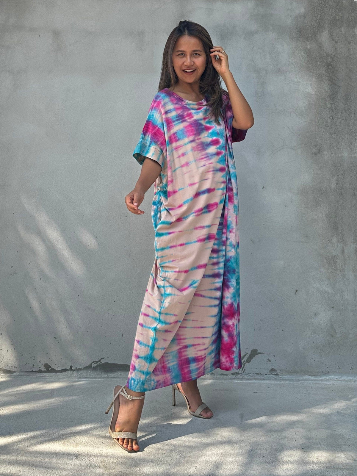 Mala Handworks Alice Jersey Cotton Kaftan in Aqua Rainbow Tie Dye