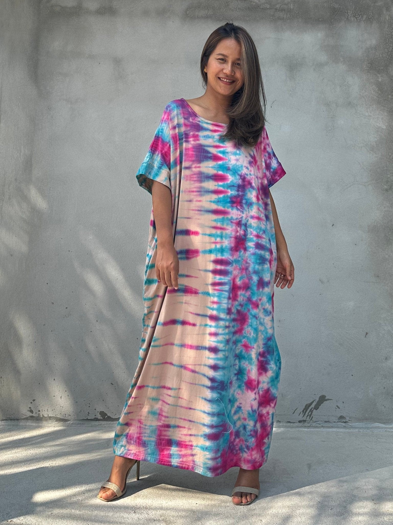 Mala Handworks Alice Jersey Cotton Kaftan in Aqua Rainbow Tie Dye
