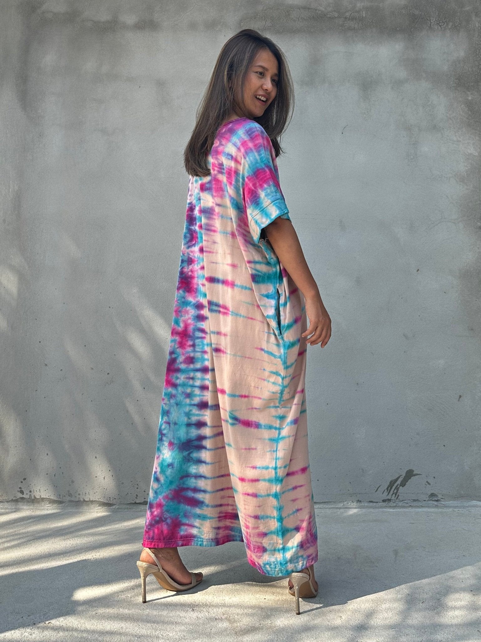 Mala Handworks Alice Jersey Cotton Kaftan in Aqua Rainbow Tie Dye