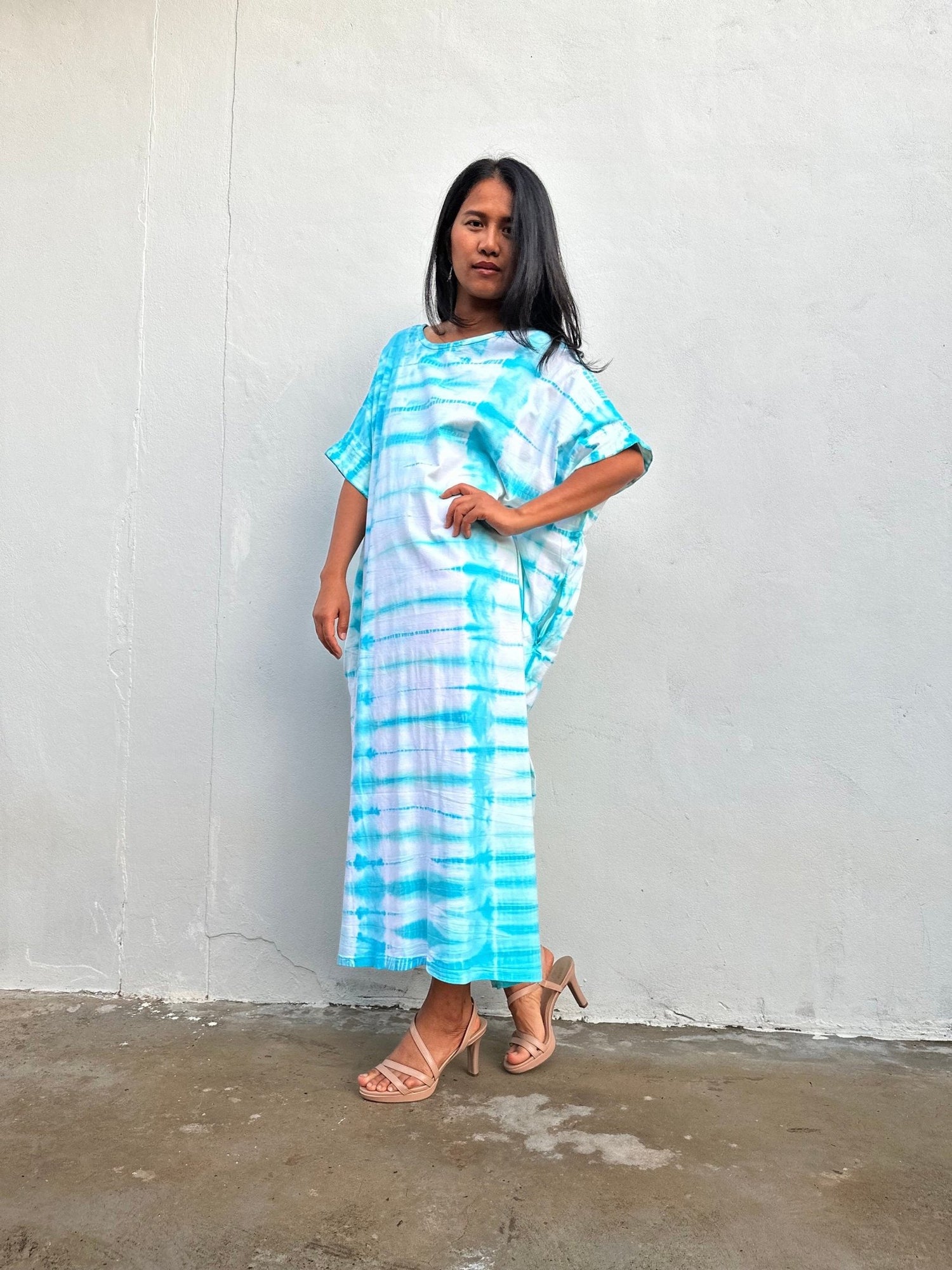 Mala Handworks Alice Jersey Cotton Kaftan in Aqua Tie Dye