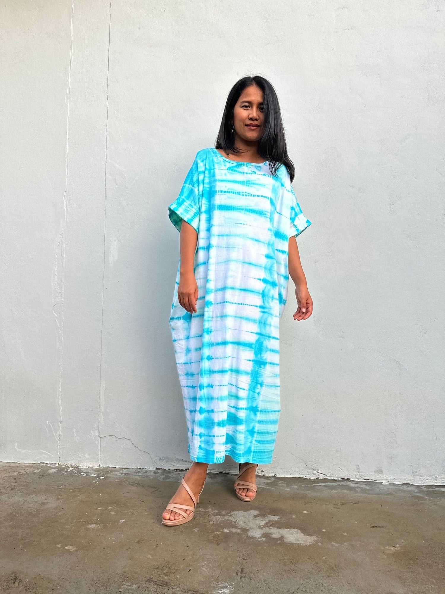 Mala Handworks Alice Jersey Cotton Kaftan in Aqua Tie Dye