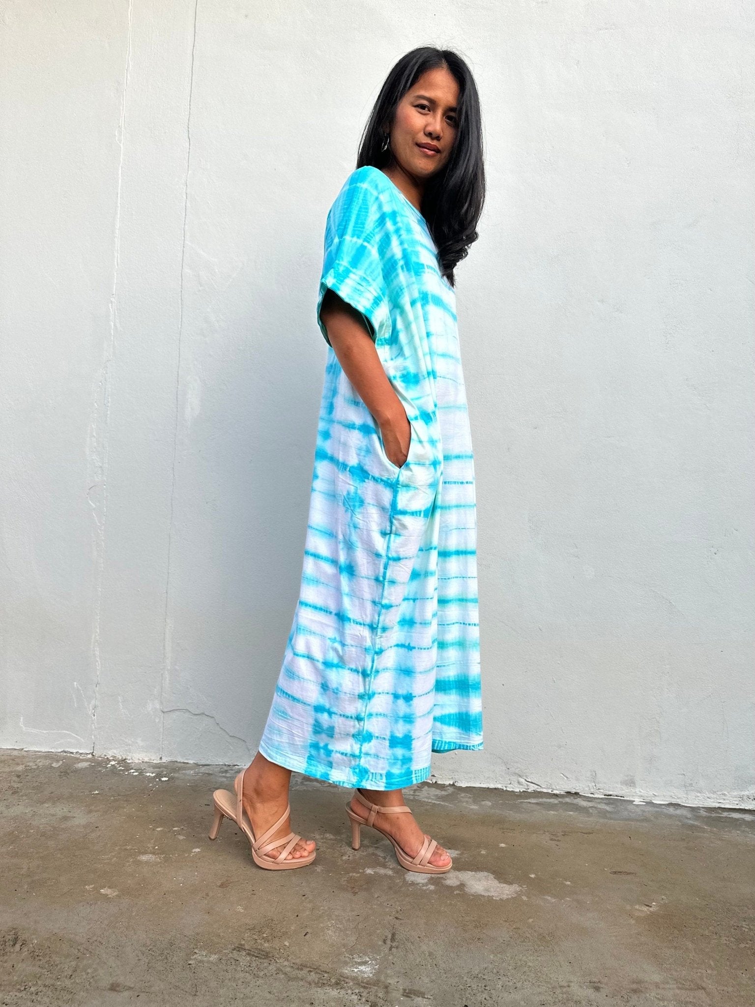 Mala Handworks Alice Jersey Cotton Kaftan in Aqua Tie Dye