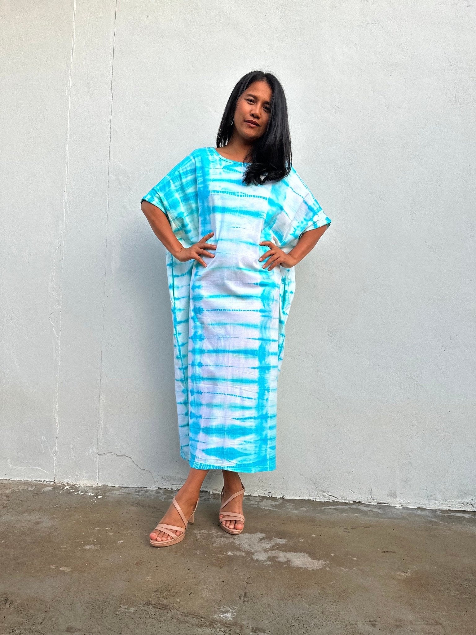 Mala Handworks Alice Jersey Cotton Kaftan in Aqua Tie Dye