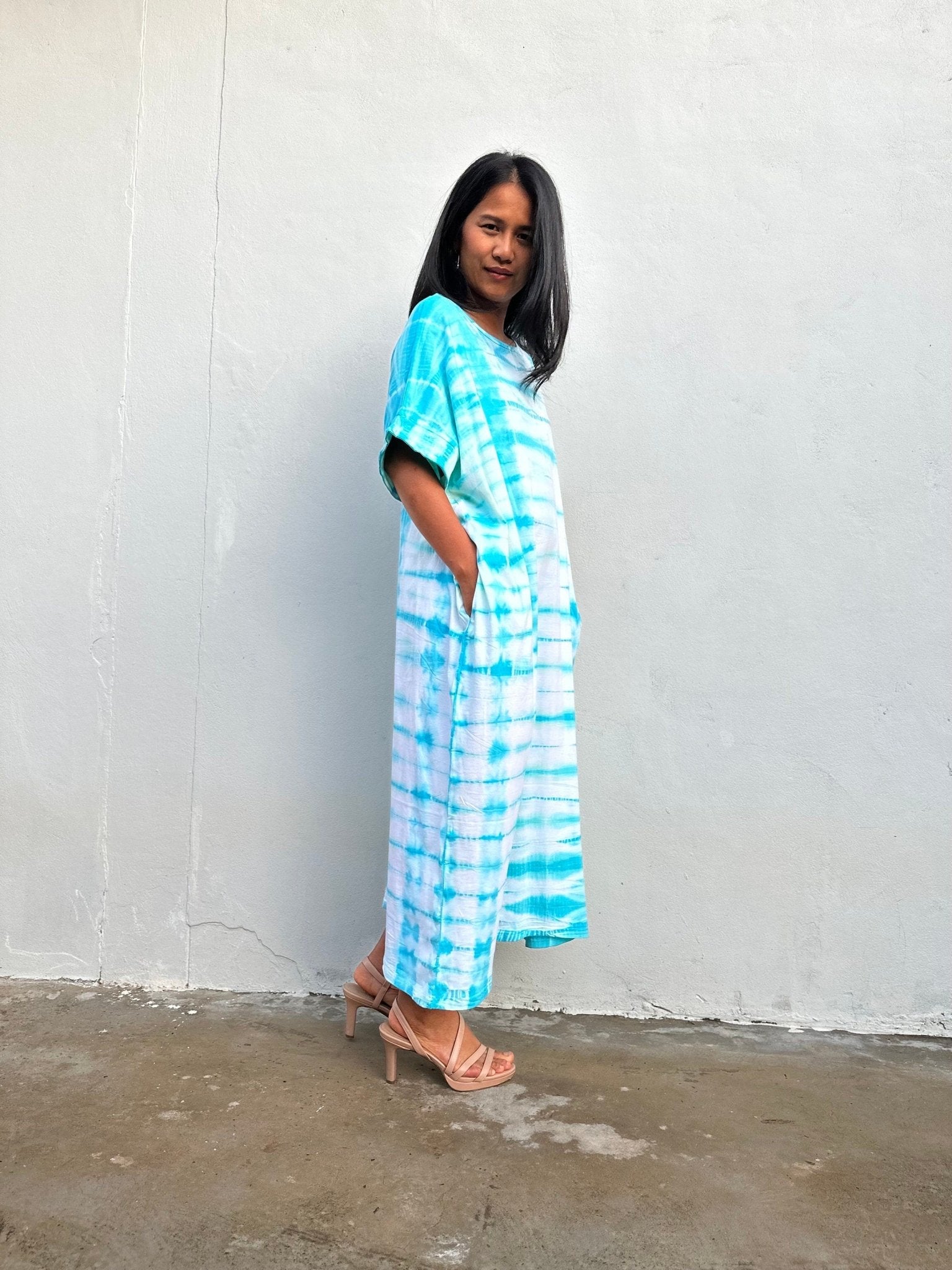 Mala Handworks Alice Jersey Cotton Kaftan in Aqua Tie Dye