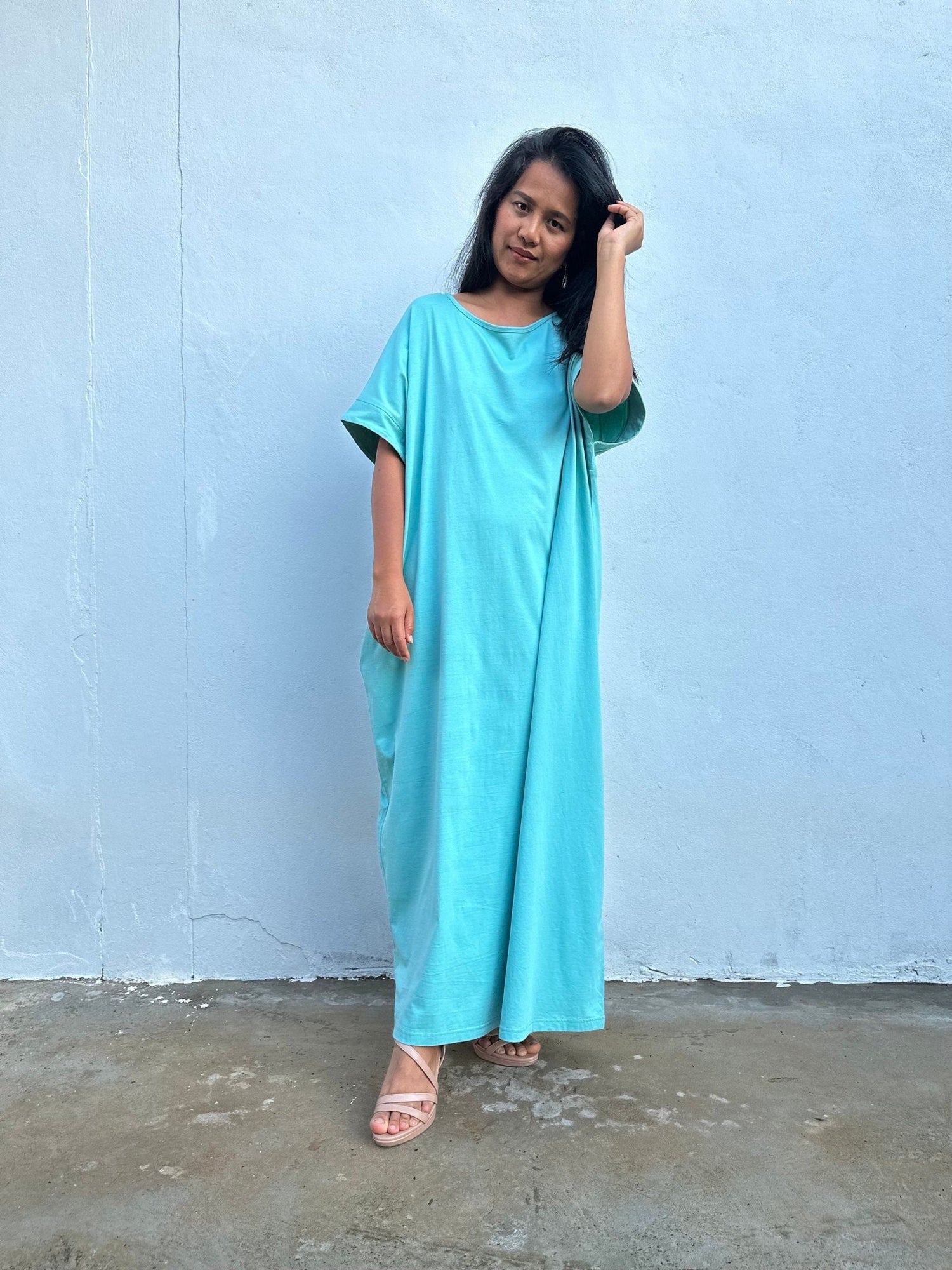 Mala Handworks Alice Jersey Cotton Kaftan in Aqua