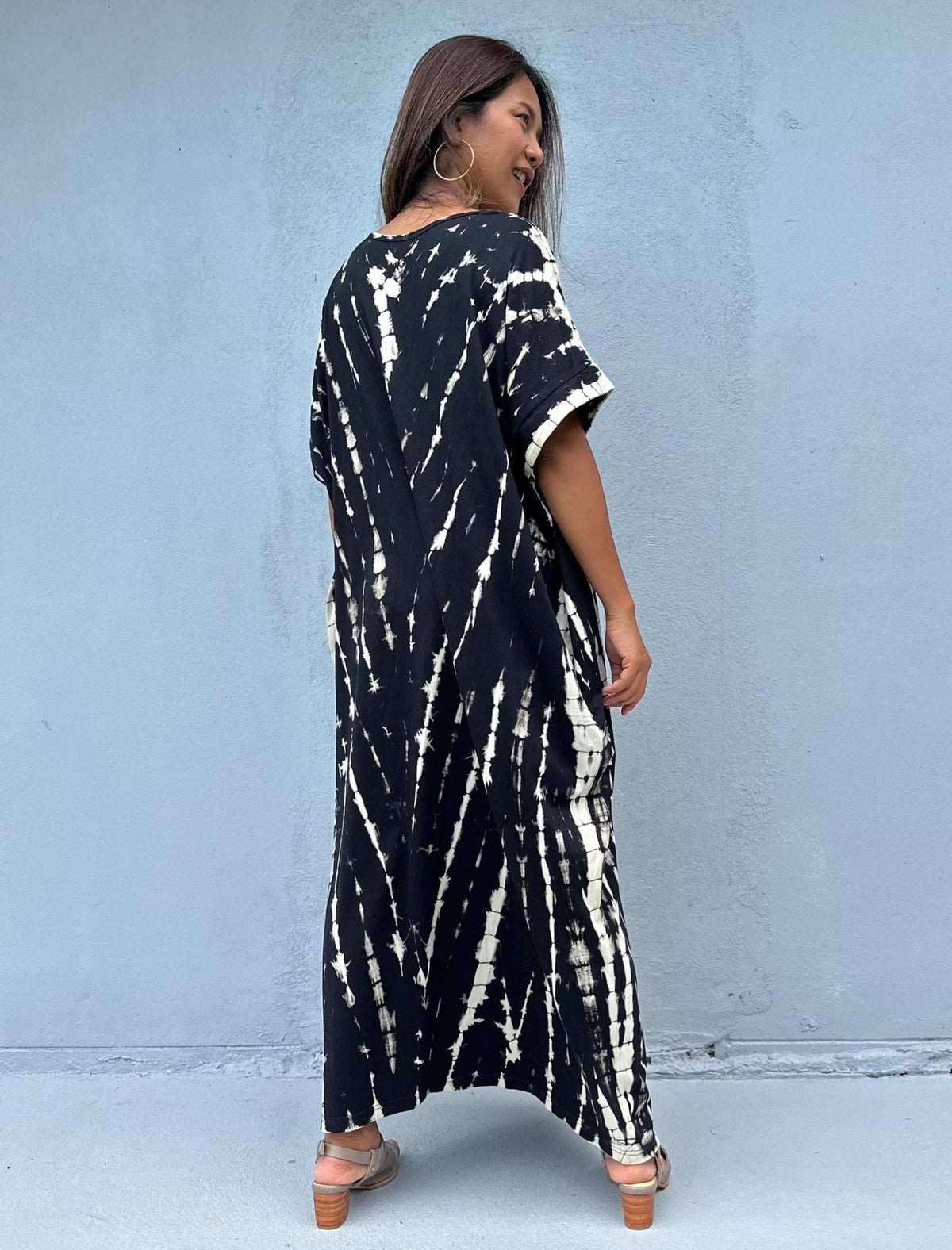 MALA handworks Alice Jersey Cotton Kaftan in Black and White Tie Dye