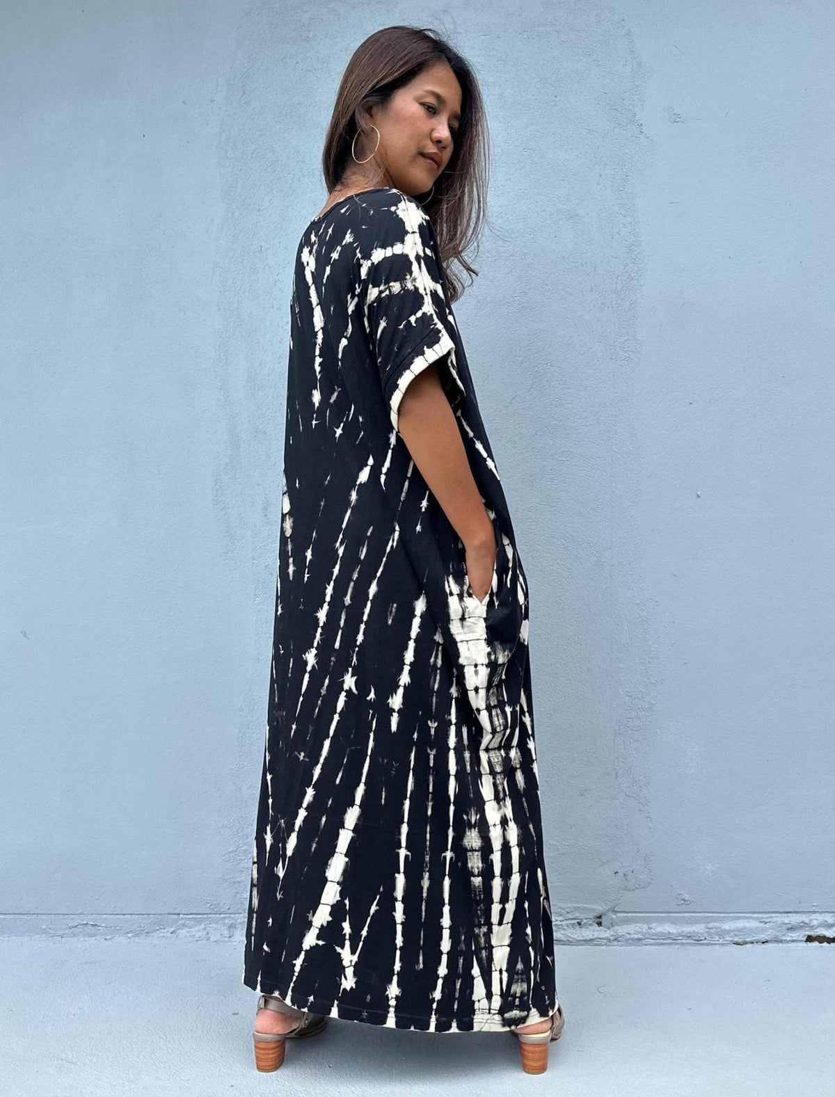 MALA handworks Alice Jersey Cotton Kaftan in Black and White Tie Dye