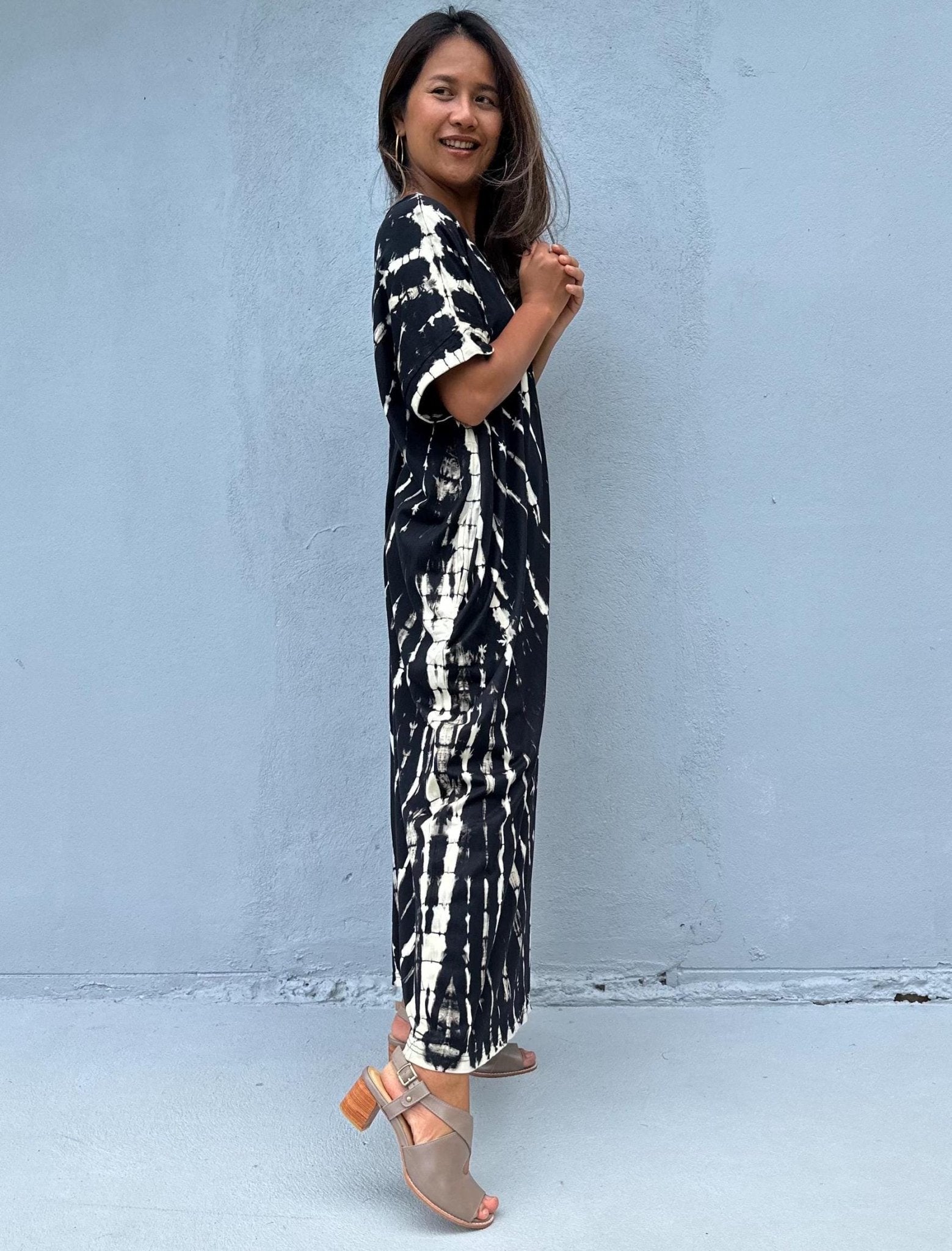 MALA handworks Alice Jersey Cotton Kaftan in Black and White Tie Dye