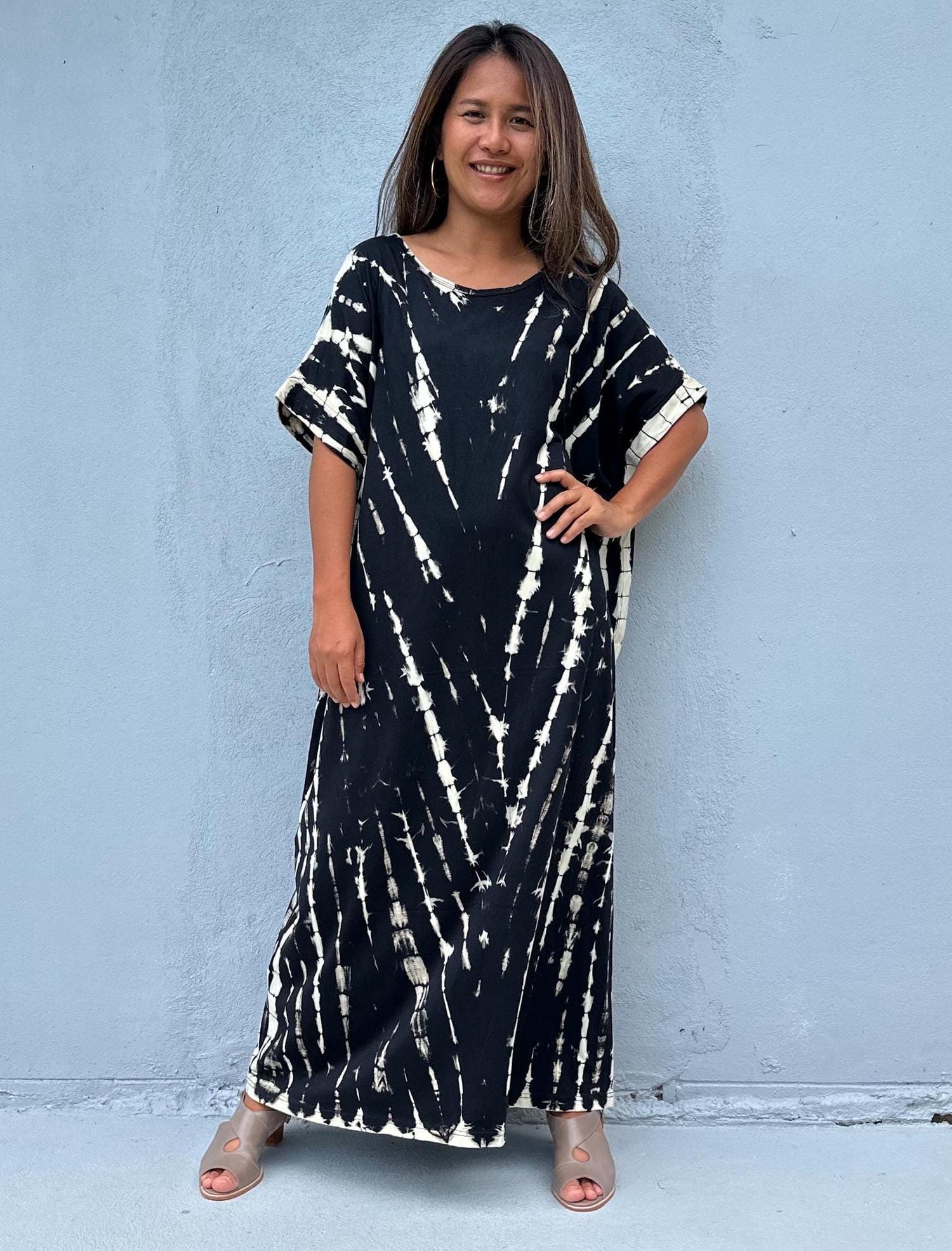 MALA handworks Alice Jersey Cotton Kaftan in Black and White Tie Dye